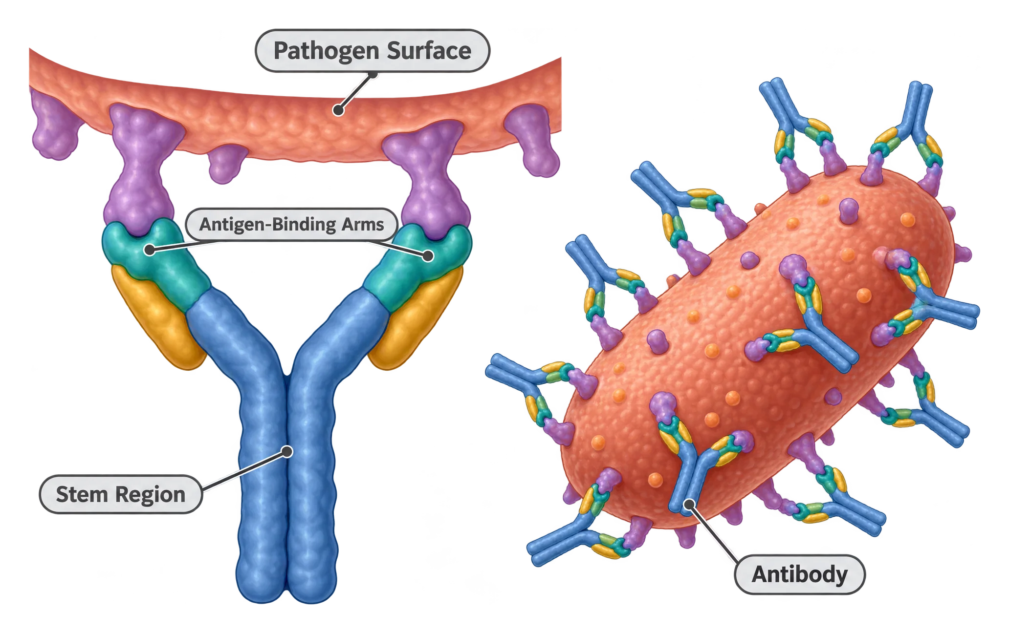 A Y-shaped antibody grips a surface protein on a pathogen with its two upper arms, with a second panel showing multiple antibodies coating the surface of a bacterium.
