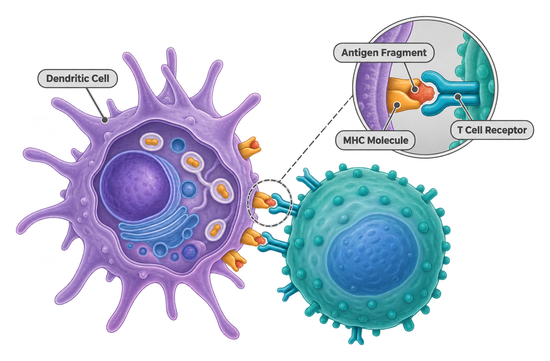 A dendritic cell presents an antigen fragment on an MHC molecule to a T cell, whose receptor fits the fragment like a key in a lock, shown in an enlarged inset of the contact point.