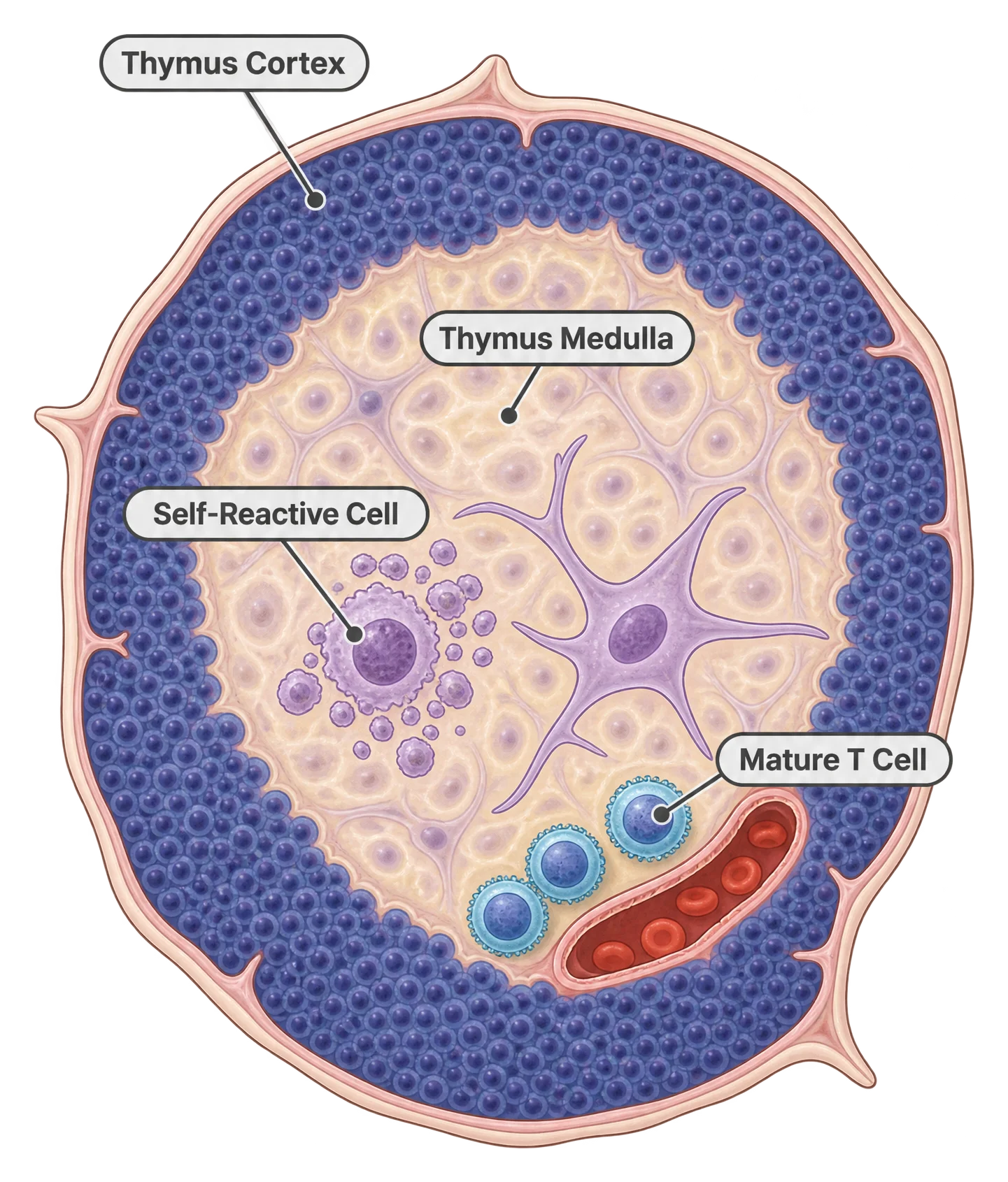 A cross-section diagram of the thymus gland showing T cells moving from the outer cortex through the inner medulla, with self-reactive cells shown fading or fragmenting and only mature, tolerant T cells exiting at the bottom.