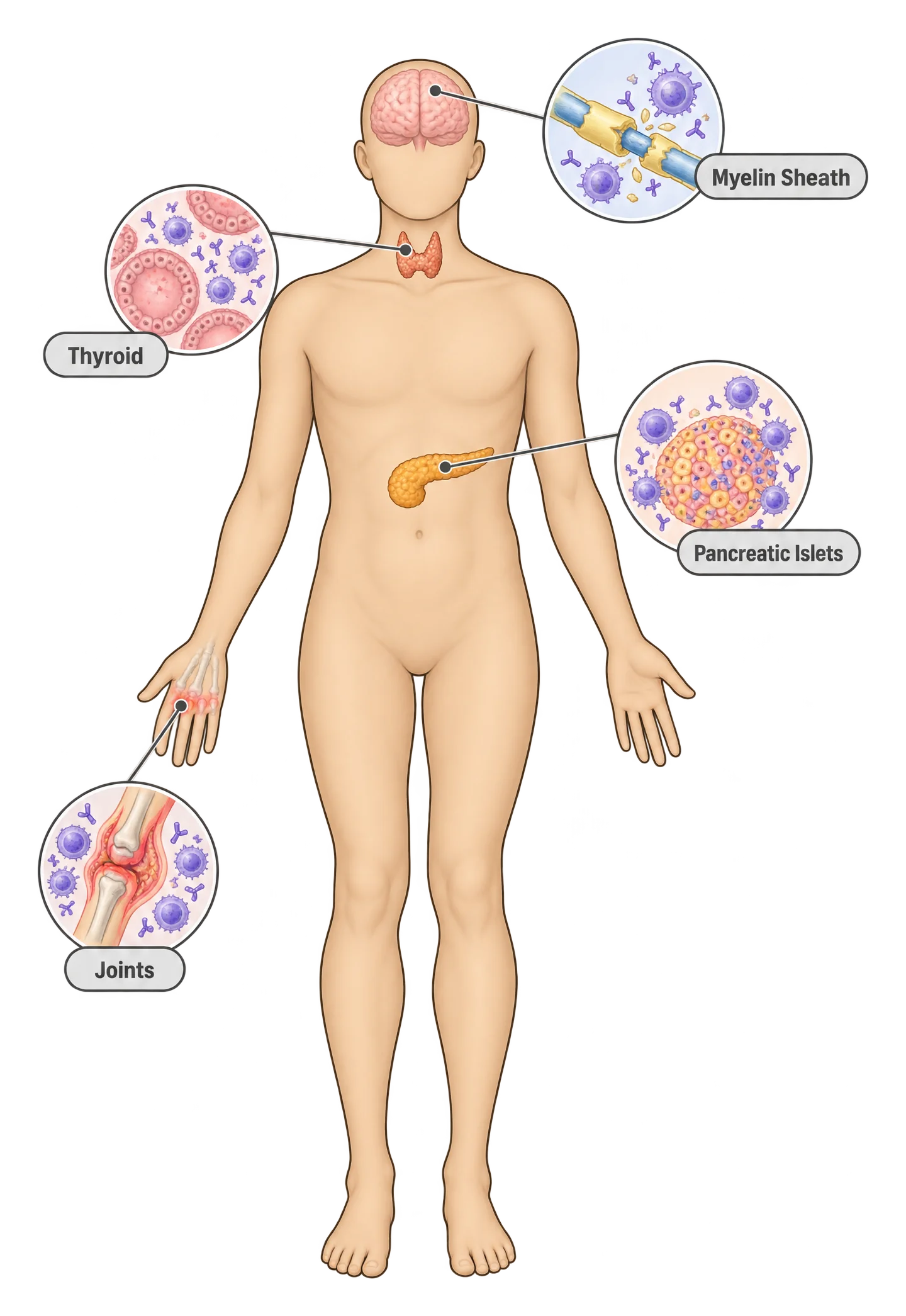 A front-view human body outline with four regions highlighted: the joints, the thyroid gland in the neck, the pancreas, and a nerve fiber, each with a small close-up inset showing the tissue under immune attack.