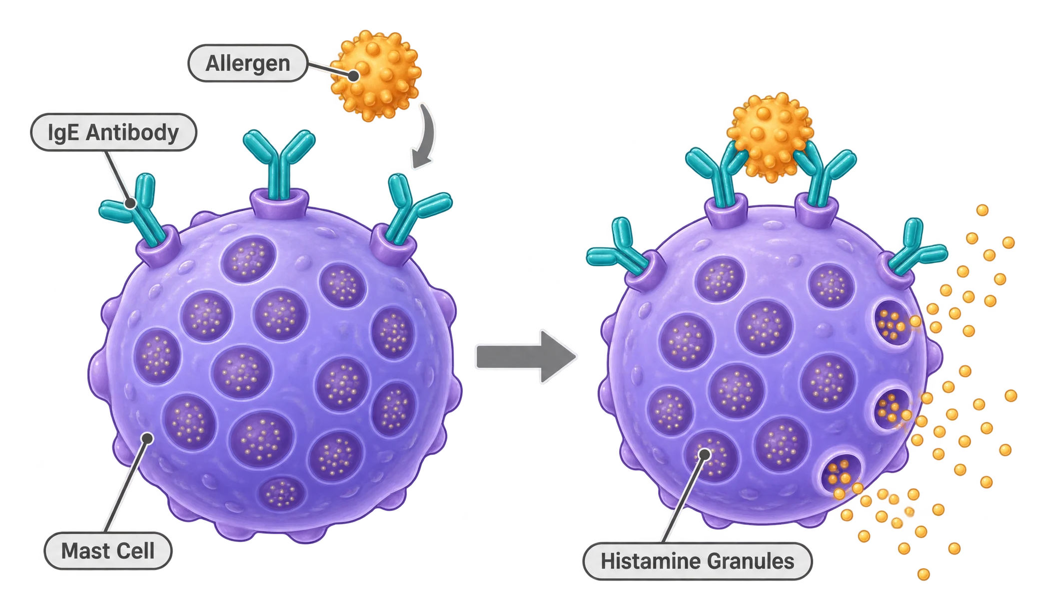 Two-panel diagram showing a mast cell with IgE antibodies on its surface before and after an allergen triggers release of histamine granules into surrounding tissue.