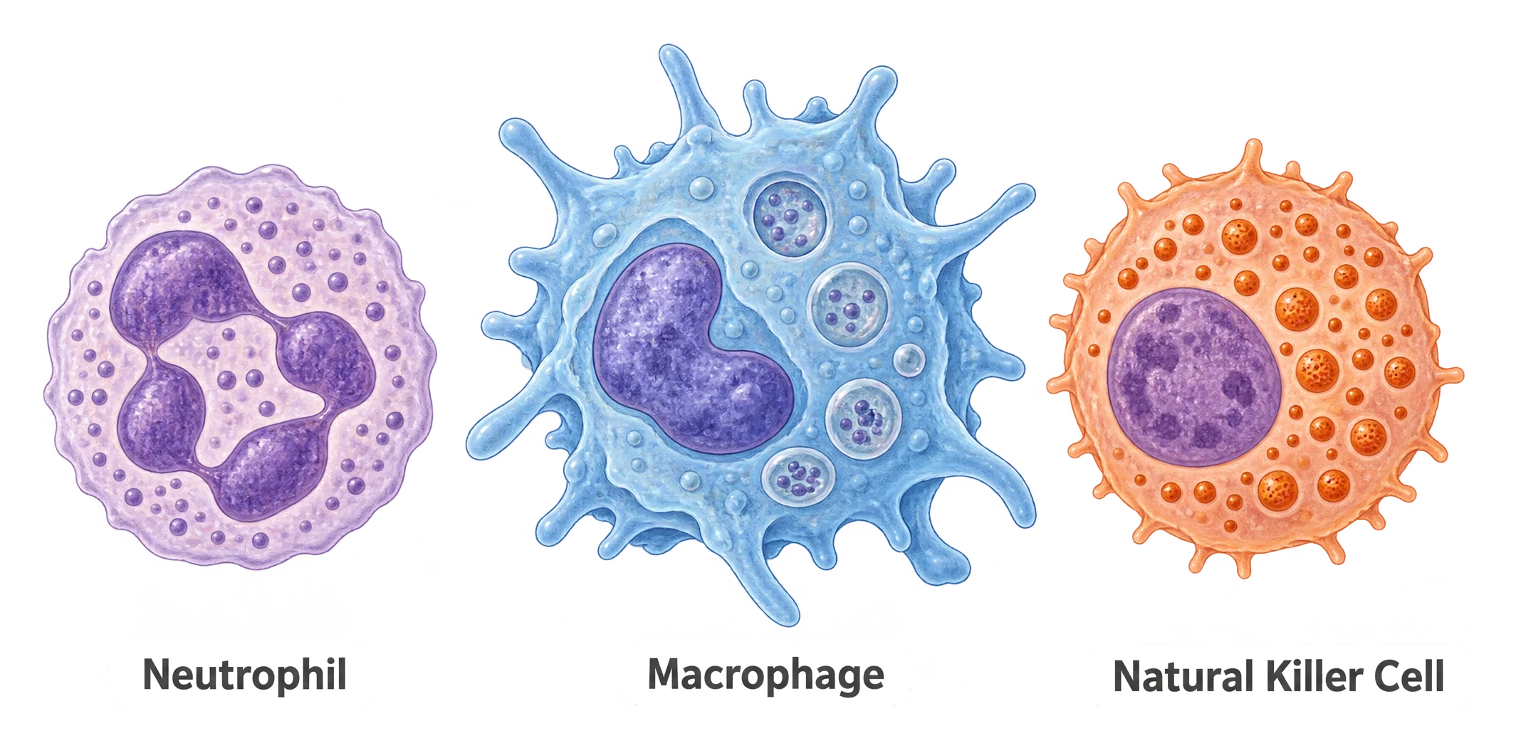 Illustration comparing three immune cells: a neutrophil with a multi-lobed nucleus, a larger irregularly shaped macrophage, and a natural killer cell containing visible internal granules.