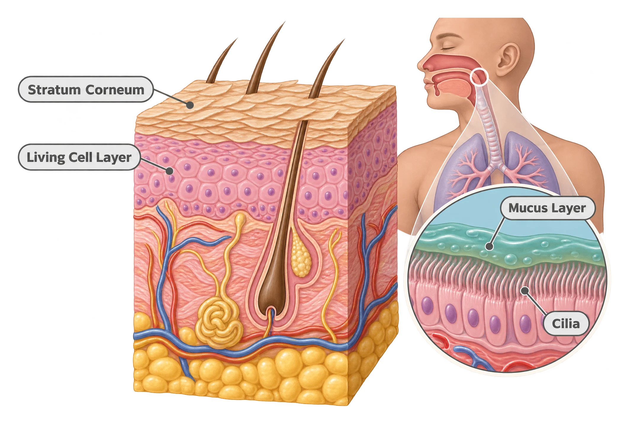 Cross-section illustration of skin showing the dead outer stratum corneum layer above living skin cells, with a small inset showing a mucus-lined airway with hair-like cilia.