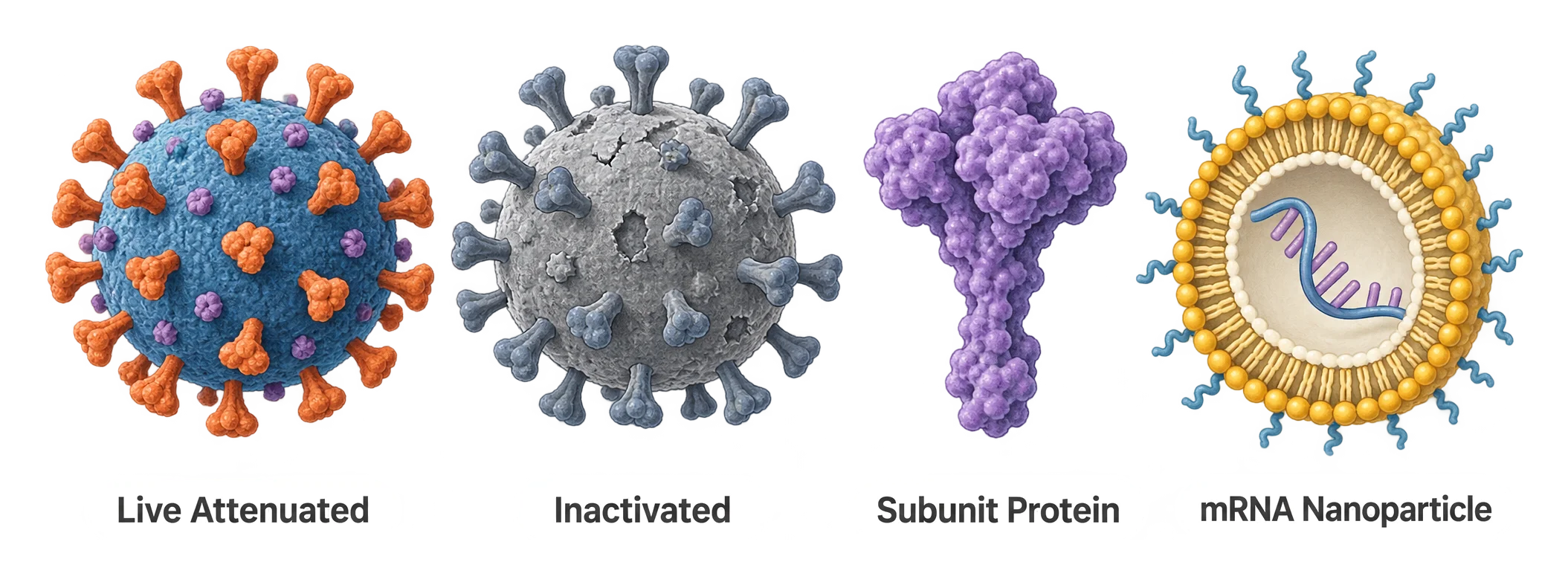 Four side-by-side scientific illustrations comparing a weakened whole pathogen, a killed whole pathogen, an isolated protein fragment, and a lipid nanoparticle containing an mRNA strand.