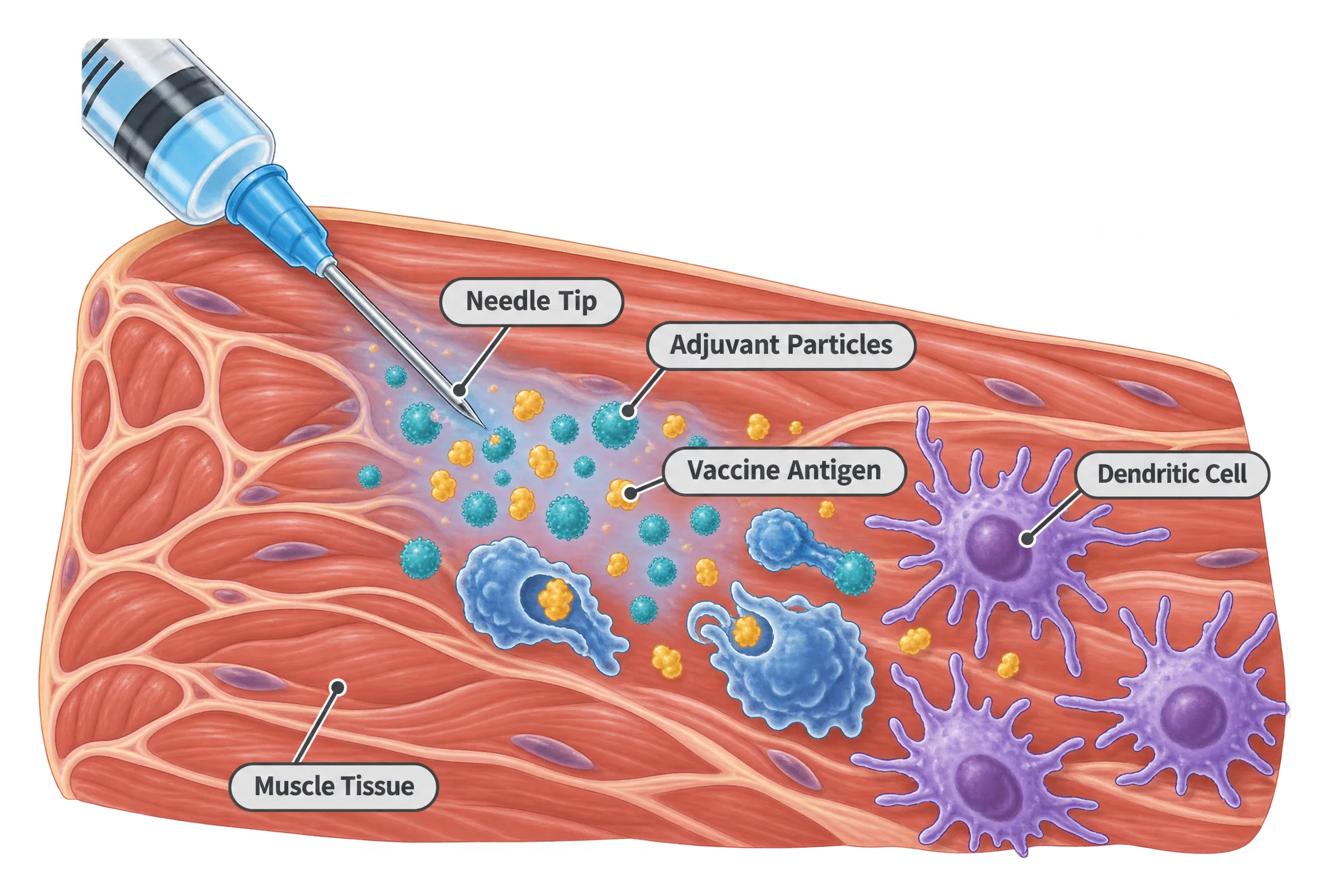 Cutaway illustration of muscle tissue at an injection site showing a needle tip, adjuvant particles, vaccine antigen, and immune cells such as dendritic cells moving toward the area.