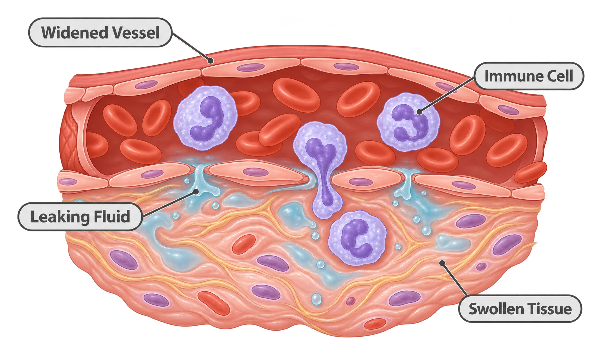 Cross-section of a small blood vessel with widened walls, fluid and immune cells leaking into swollen surrounding tissue.
