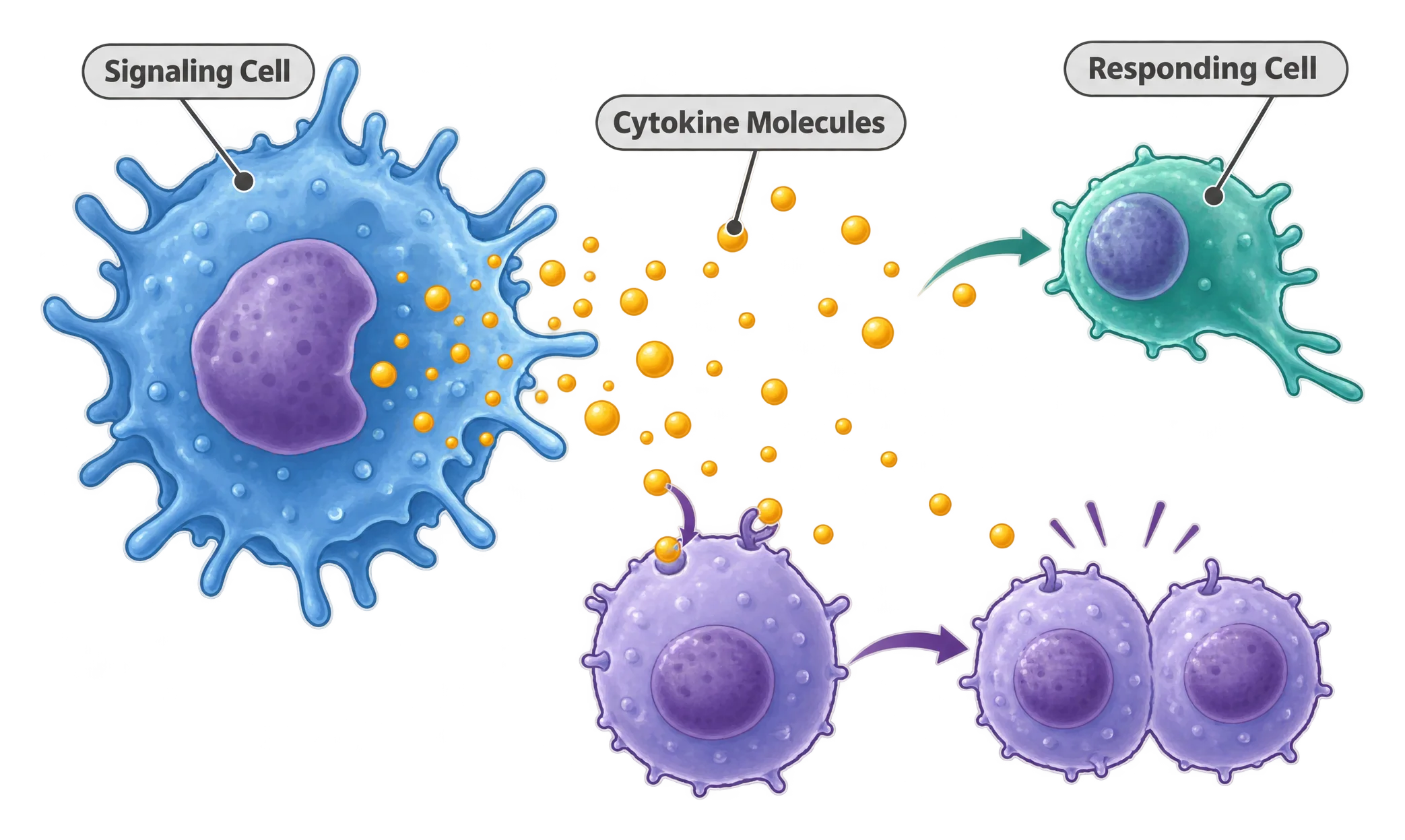 An immune cell releasing small cytokine molecules that drift toward nearby cells, one of which is dividing and another moving in response.