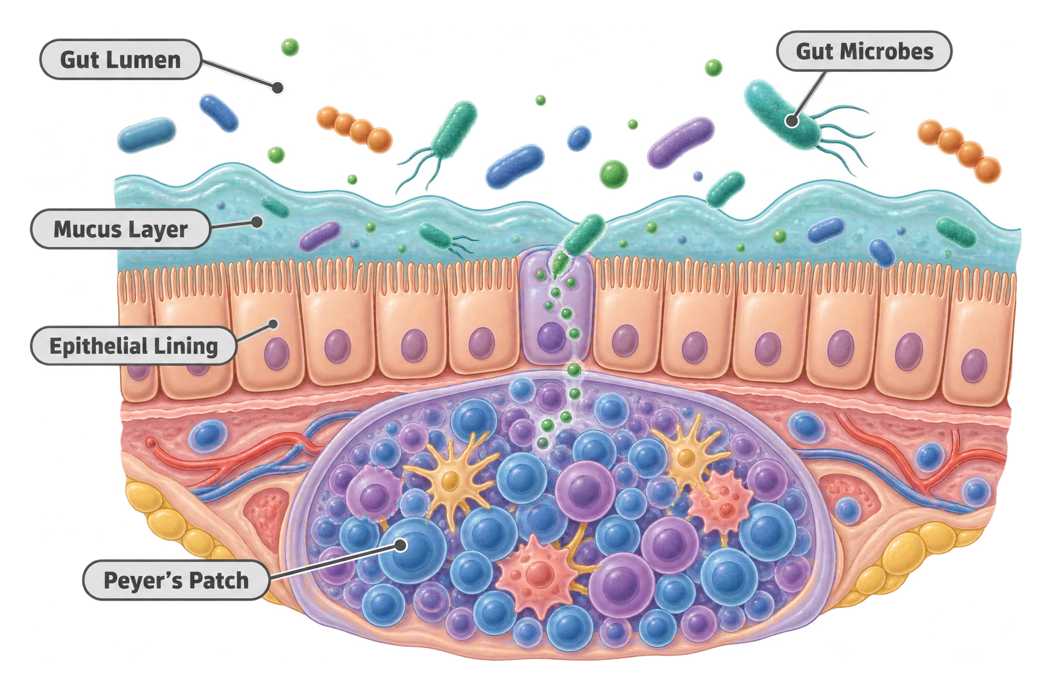 A labeled cross-section of the intestinal wall showing microbes in the gut lumen, a mucus layer, a single-cell epithelial lining, and an immune cell cluster called a Peyer's patch just beneath it.