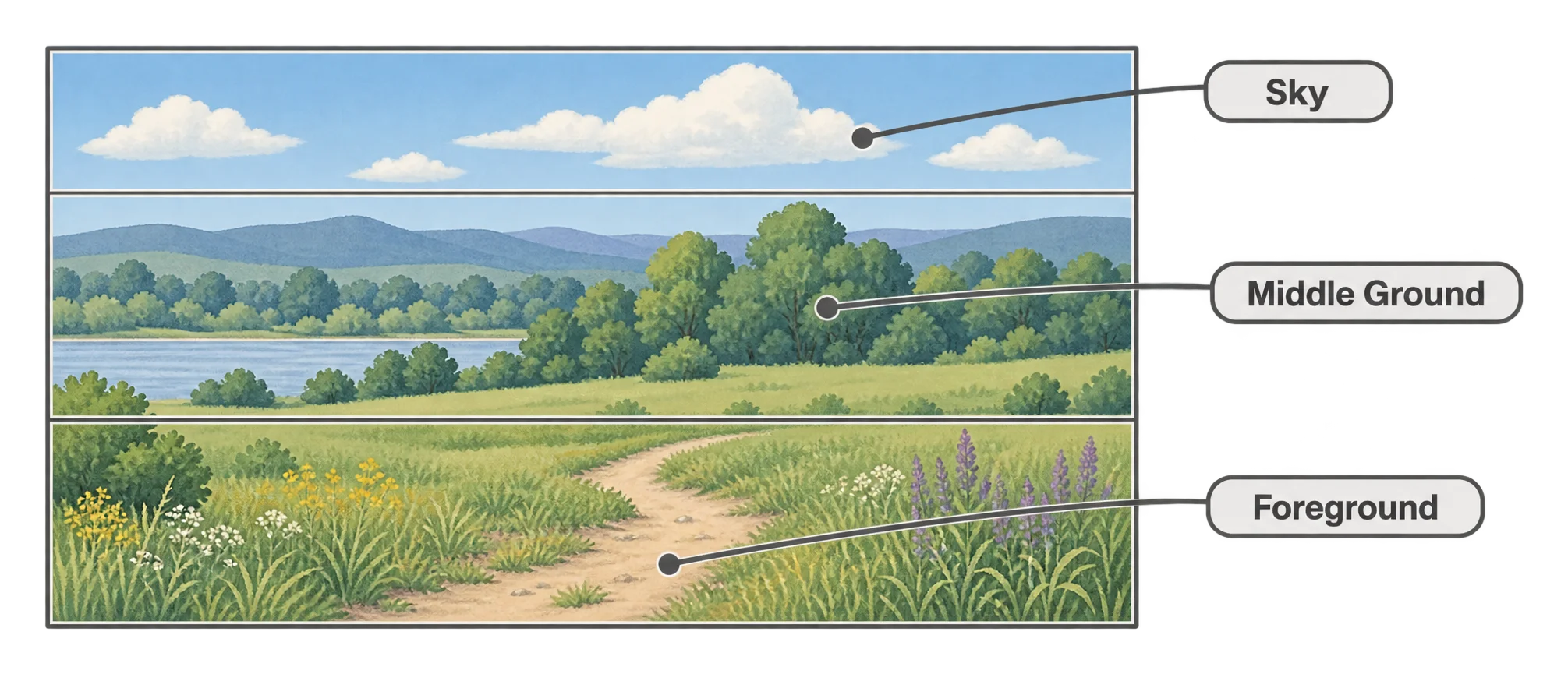 A rectangle divided by light pencil lines into three horizontal zones labeled sky, middle ground, and foreground, each containing simple placeholder shapes.