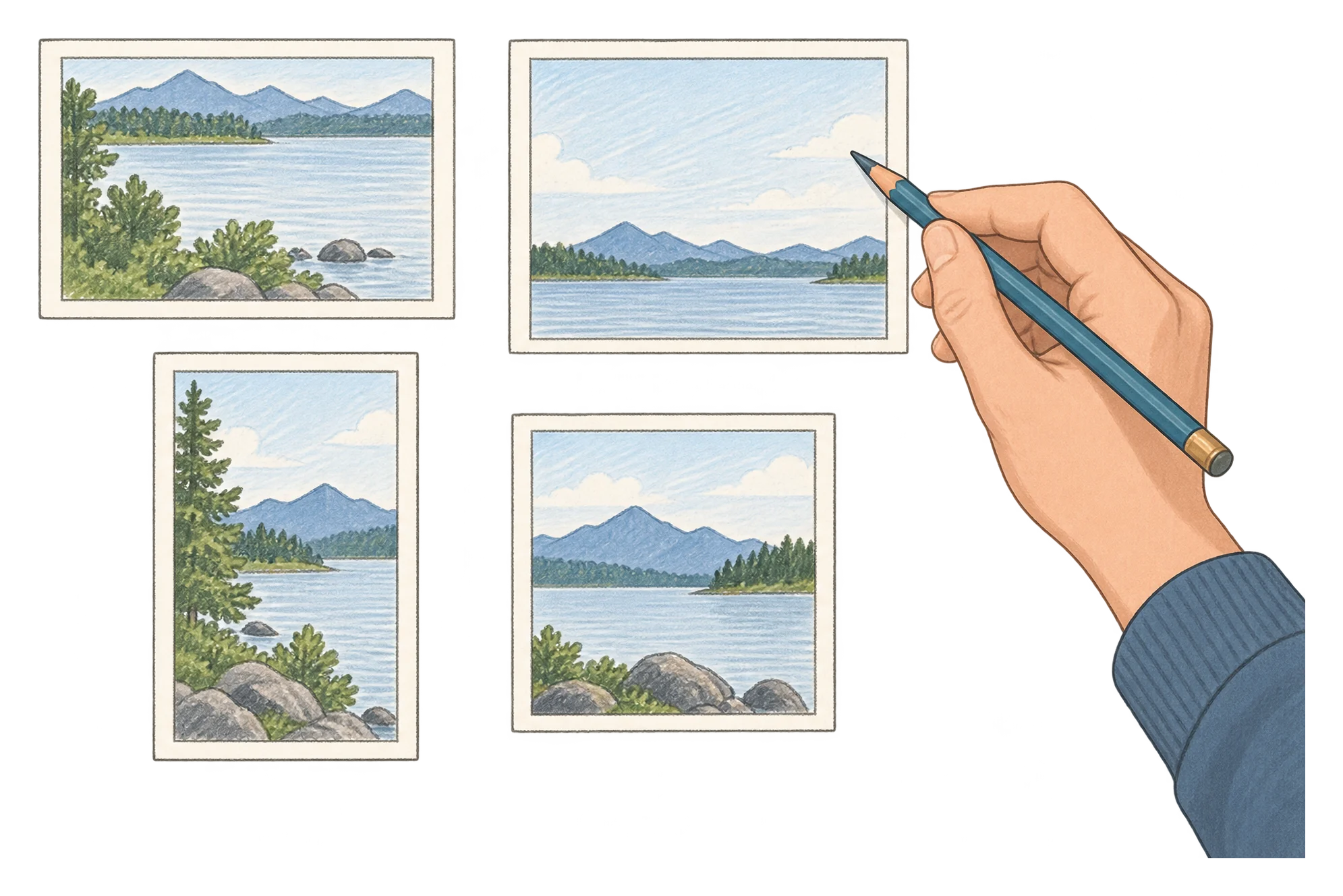 A grid of four small pencil thumbnail sketches, each cropping the same landscape scene differently, with a hand holding a pencil nearby.