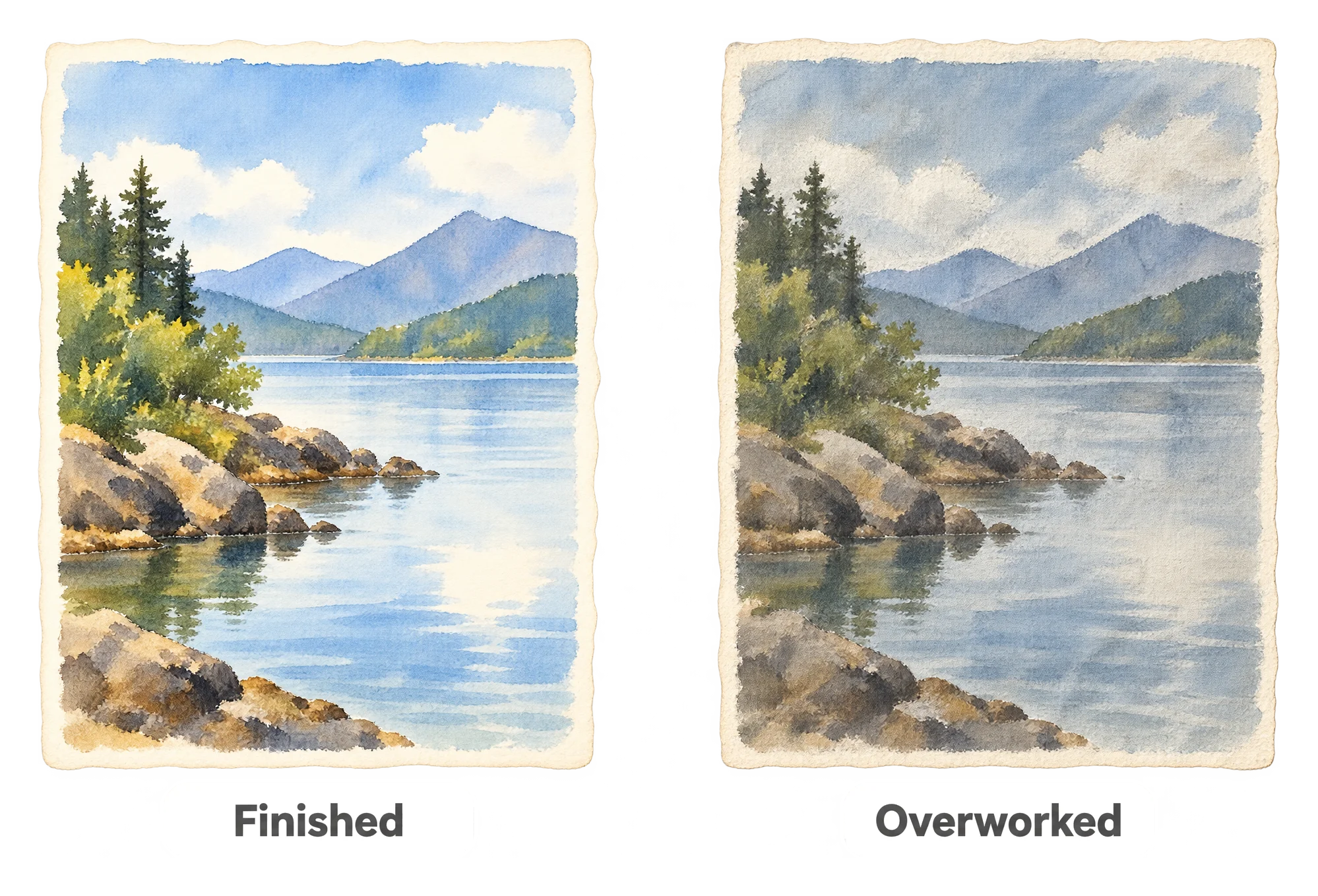 Two versions of the same small watercolor landscape side by side, one fresh and luminous, the other dull and scrubbed from overworking.
