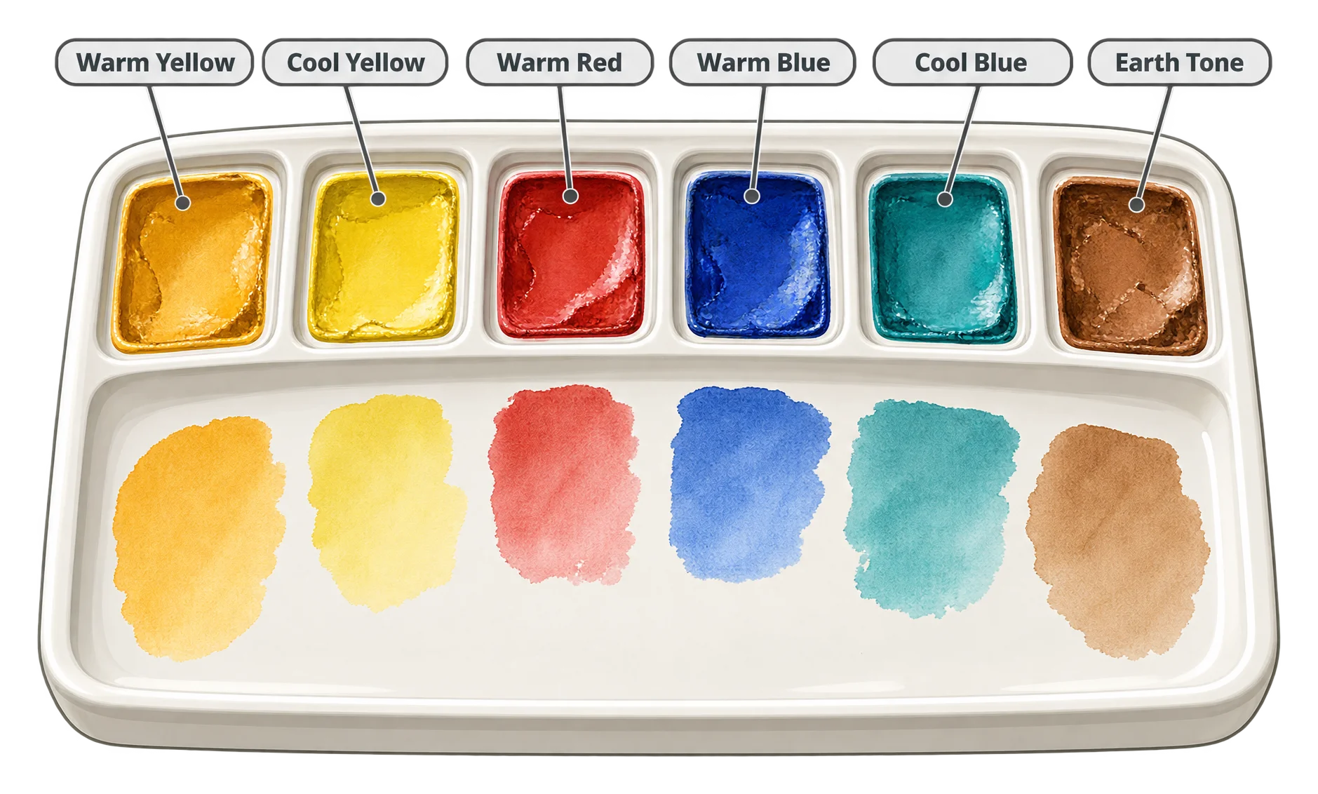 An oval paint palette seen from above with six small wells of paint arranged in an arc from warm colors on one side to cool colors on the other, each well showing a small dried patch of its color on the adjoining mixing surface.