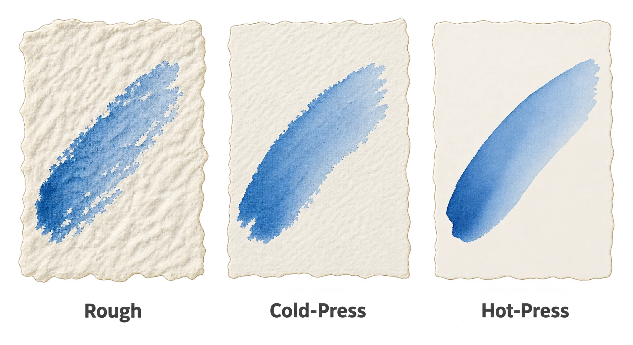 Three rectangular paper swatches side by side, each showing a single horizontal brushstroke of blue paint. The left swatch has a pebbled, broken texture where the stroke skips over the surface. The middle swatch shows a smooth, even stroke with a faint texture. The right swatch shows a very smooth, flat stroke with sharp edges and some pooling.