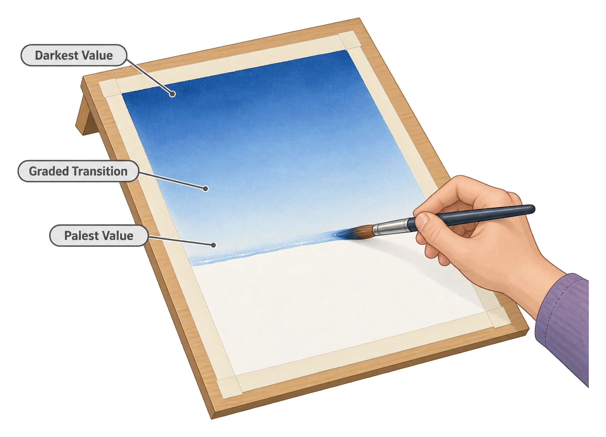 Each successive stroke is diluted with more water, pulling the sky from deep blue at the top to pale luminosity at the horizon.