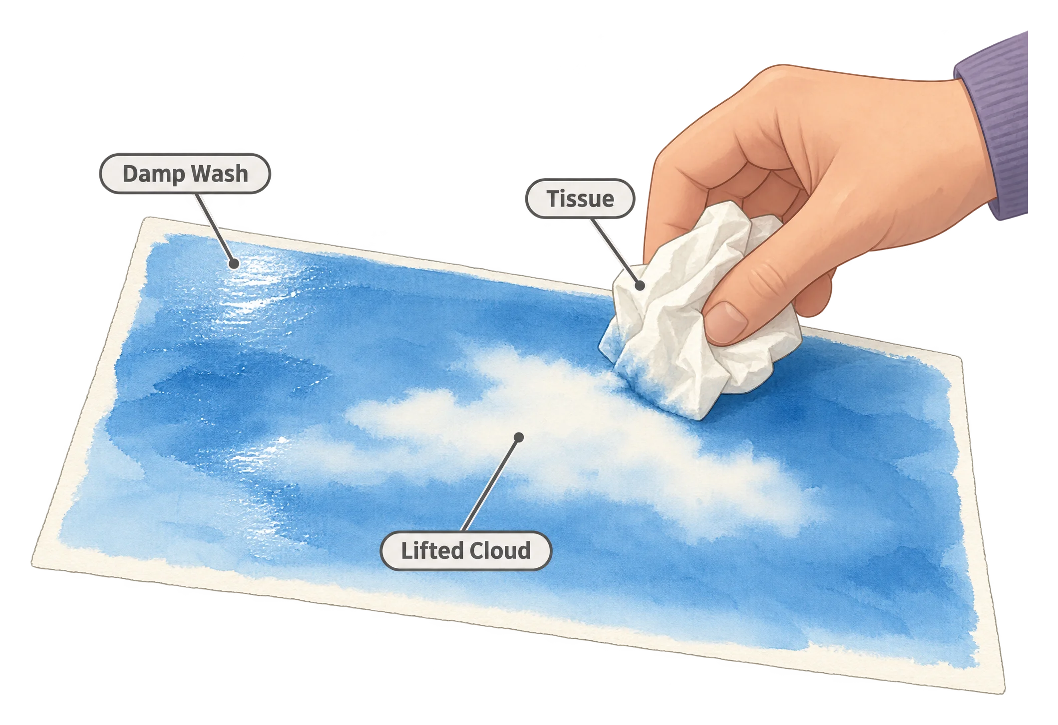 Pressing a dry tissue into a damp wash and lifting it away removes pigment and reveals soft-edged cloud shapes.