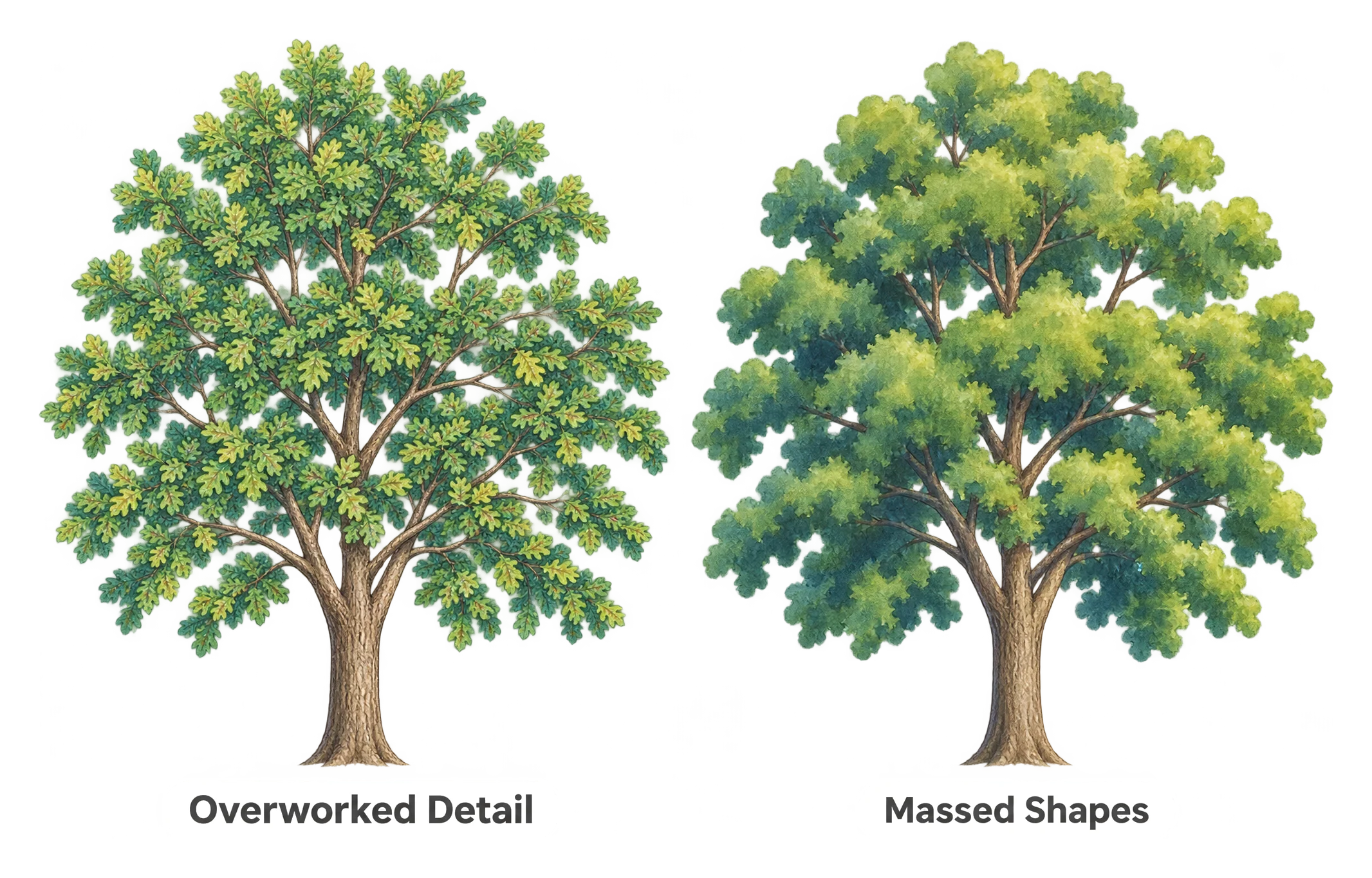 Side by side comparison of a tree painted with tight individual leaf detail on the left, looking flat, and the same tree painted as a few large overlapping shadow and light masses on the right, looking rounded and full.