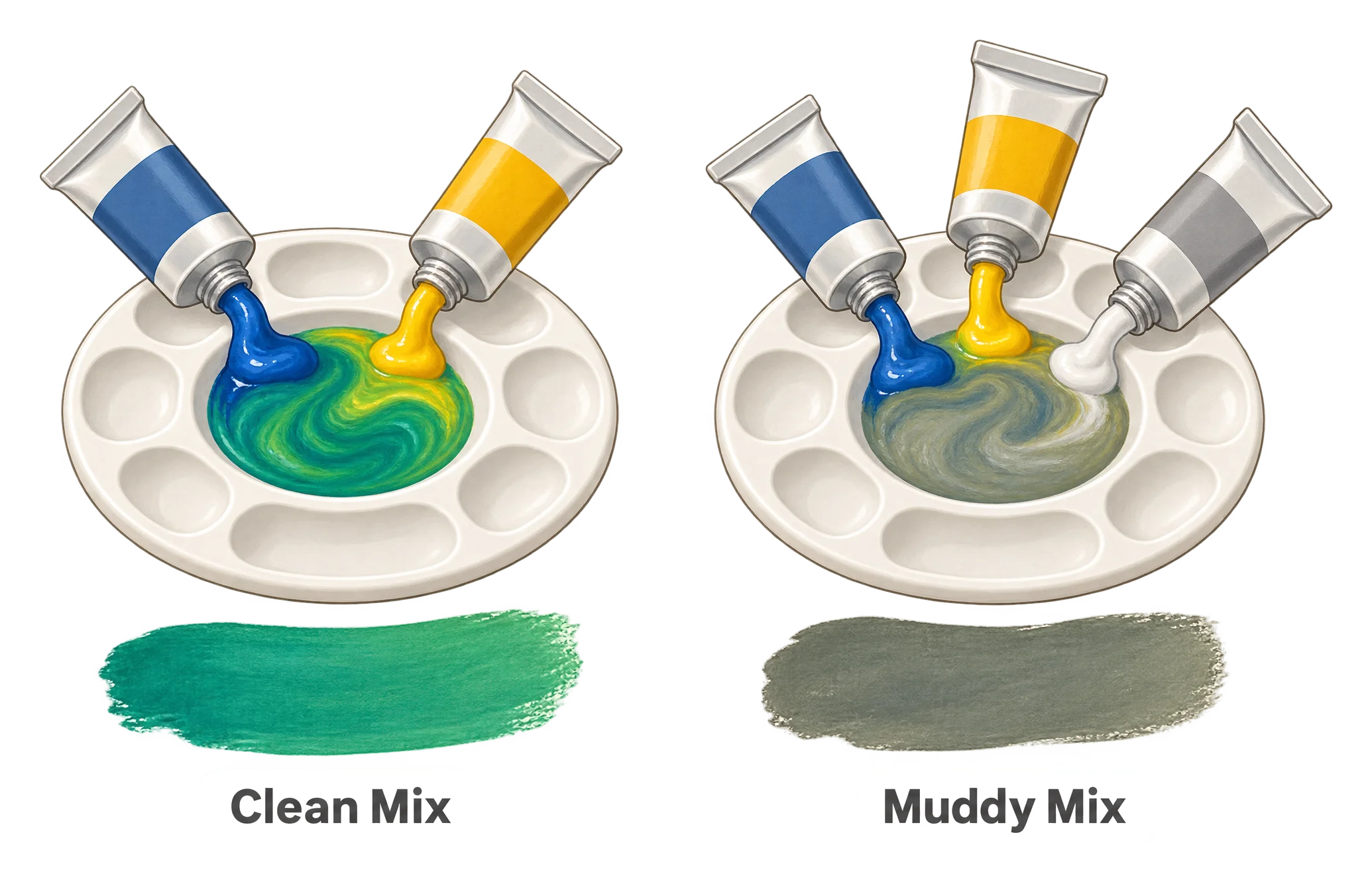 A palette shown from above with two paint mixtures side by side, one clear and bright, the other dull and gray, each with a corresponding brushstroke swatch painted beside it.