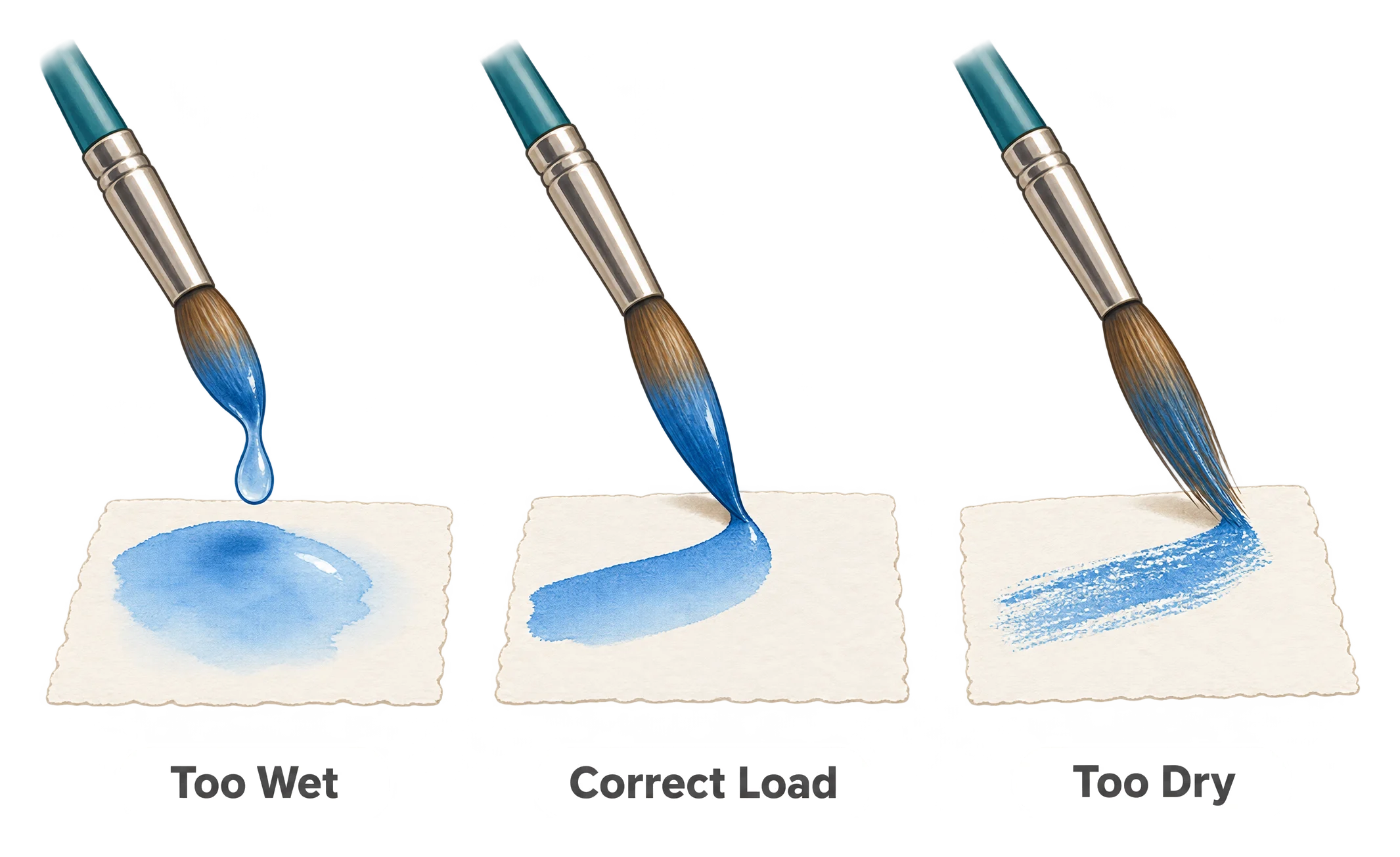 Three panels showing a round brush dripping a bead of water, then leaving a smooth even stroke, then dragging with a dry broken edge.