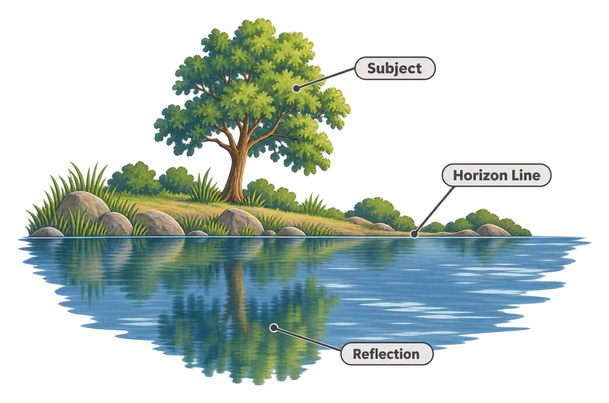 A calm pond scene with a tree on the bank and its darker, softer mirror reflection directly below the horizon line.