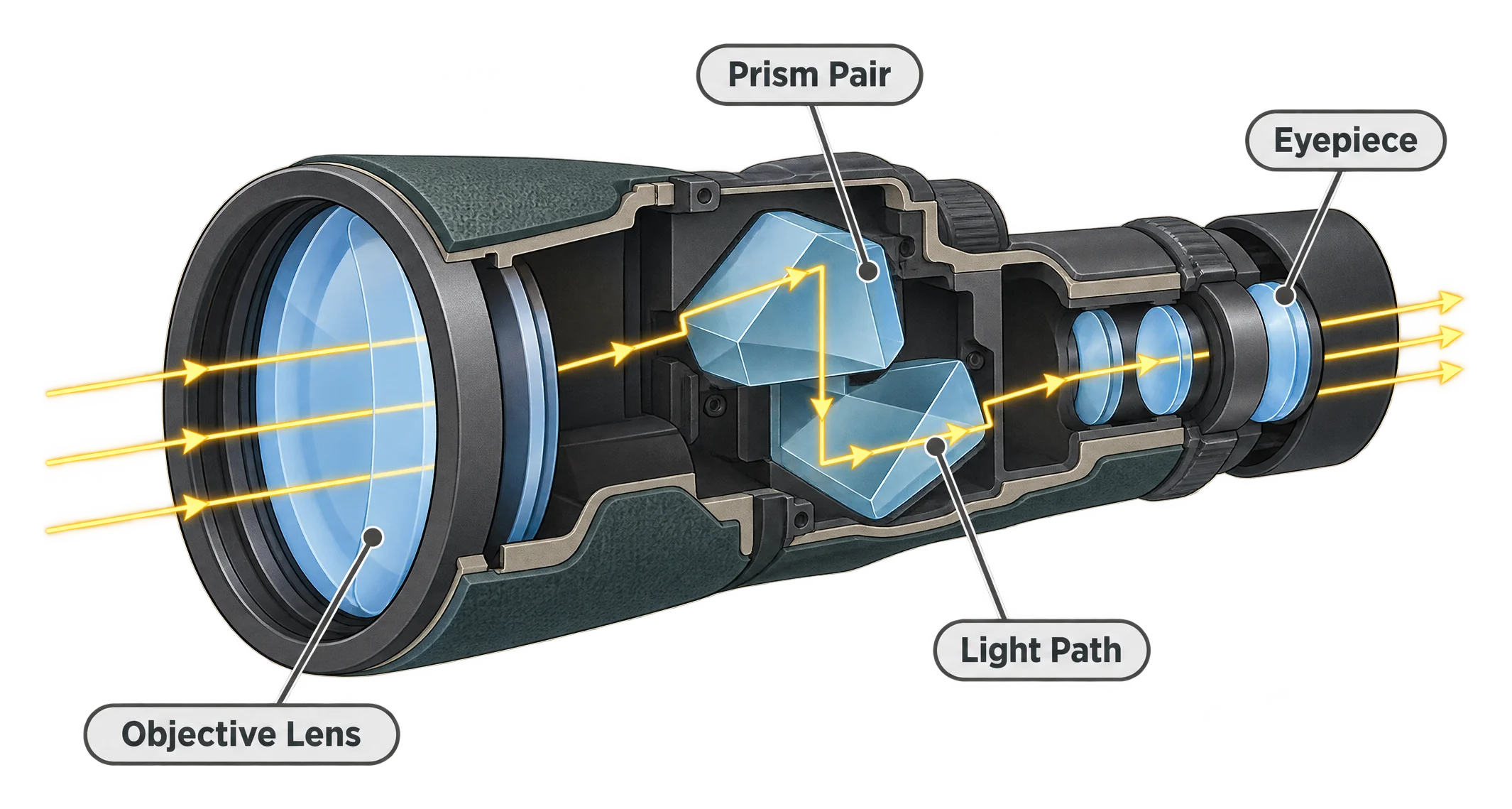 A sliced-open view of a binocular barrel showing light entering a large front lens, bouncing through a folded prism assembly, and exiting through a smaller rear eyepiece.