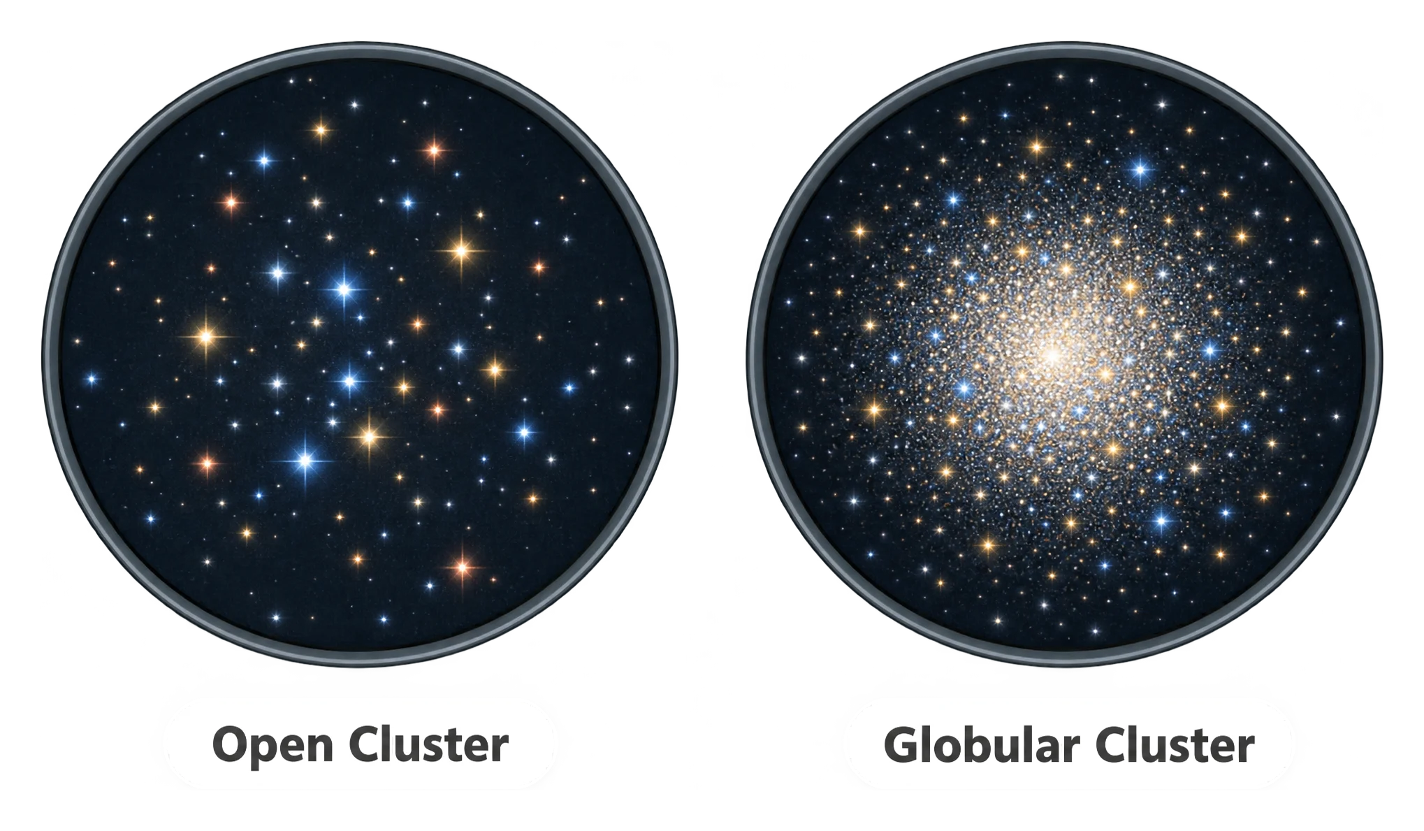 Two side-by-side telescope-view circles: one shows a scattered open cluster of stars, the other a dense, round globular cluster of stars.