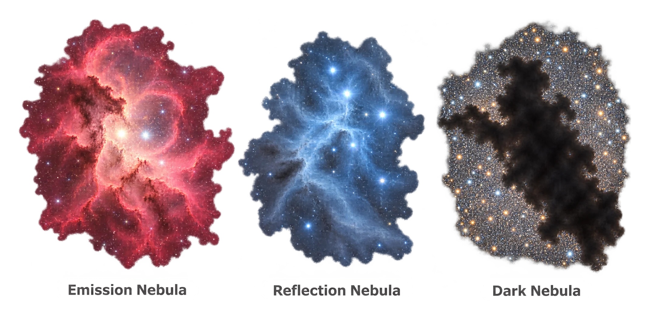 Three side-by-side panels showing a red glowing emission nebula, a blue reflection nebula, and a dark silhouetted dark nebula against a star field.