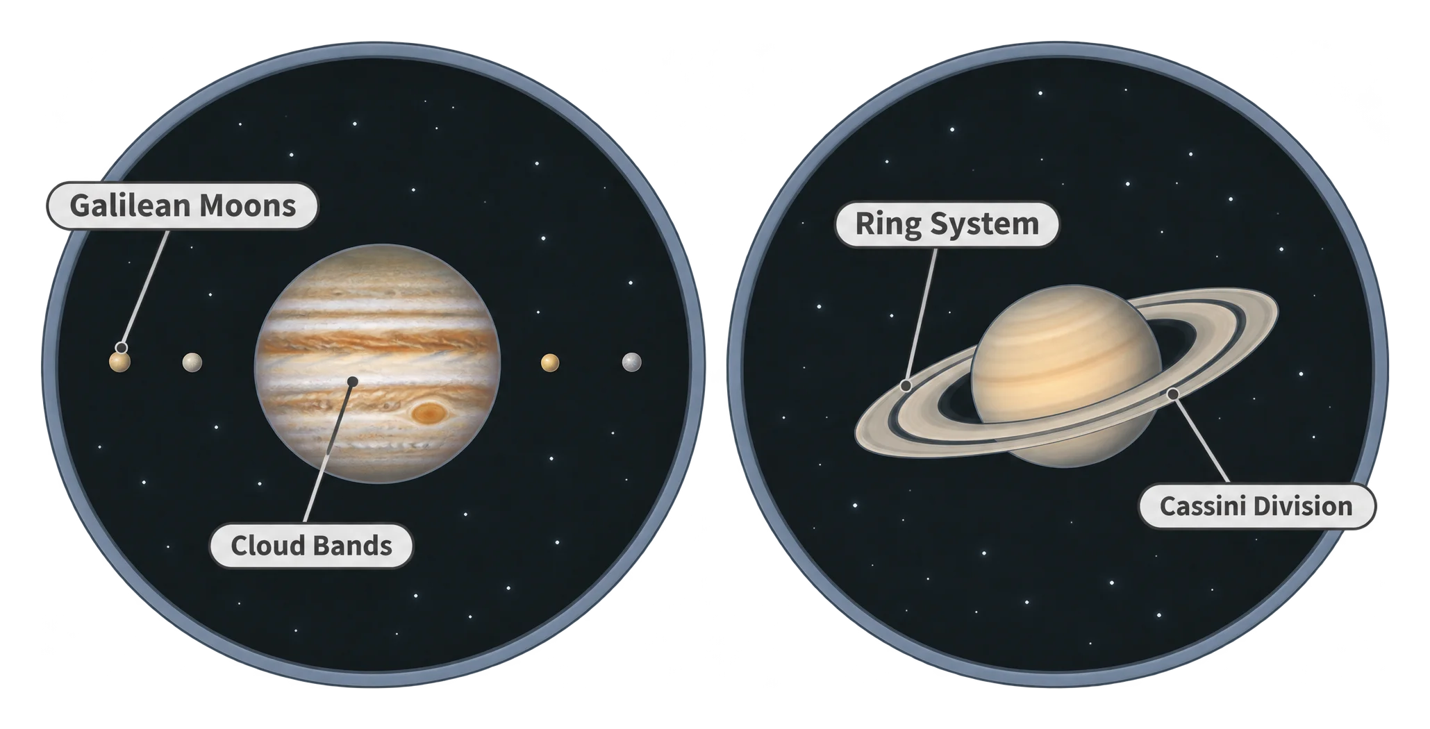 Two side-by-side eyepiece views: Jupiter with banded clouds and four moons on the left, Saturn with tilted rings and a visible gap on the right.