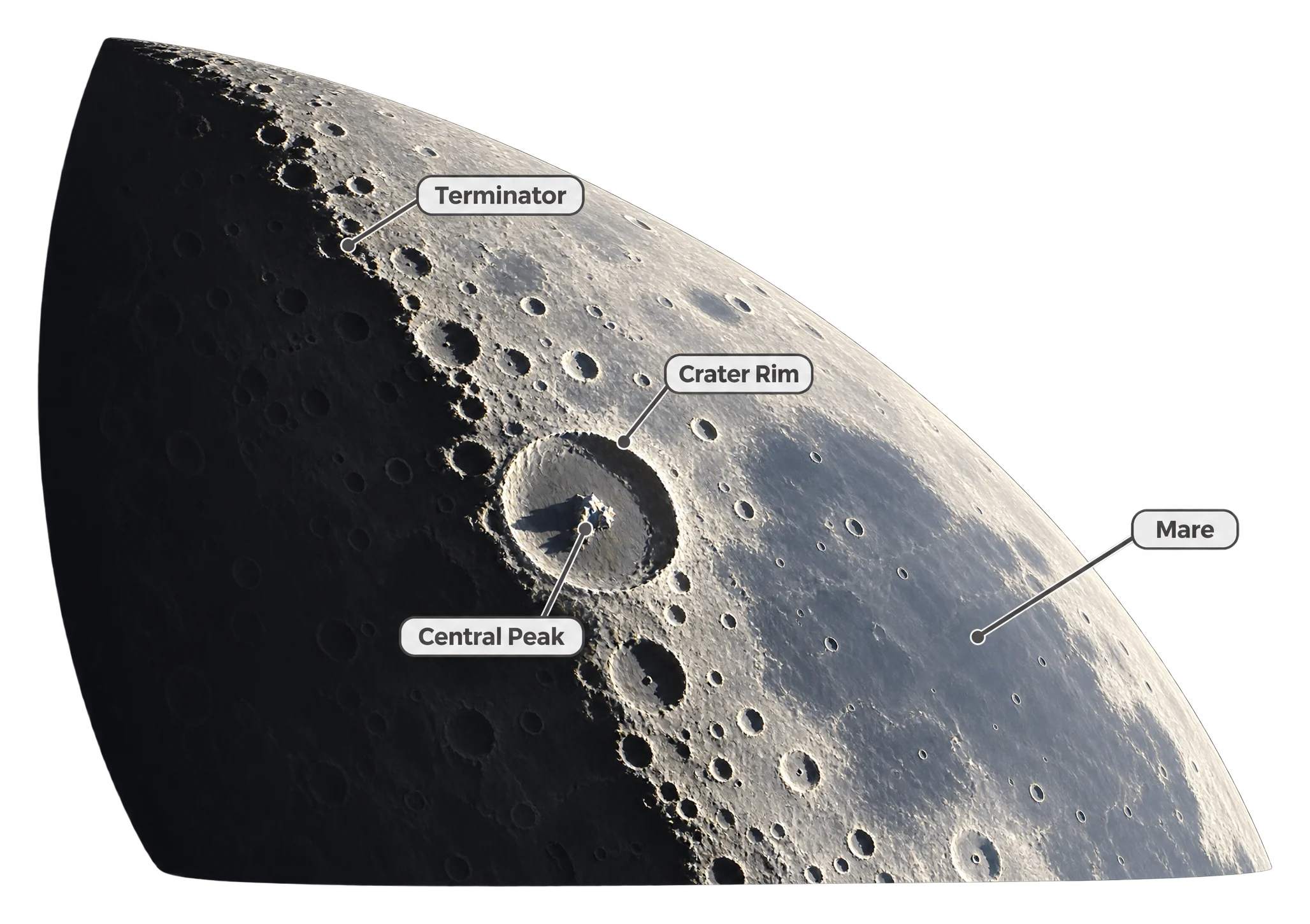 A close-up telescopic view of the Moon's surface near the terminator, showing deep crater shadows beside a smooth dark mare region.