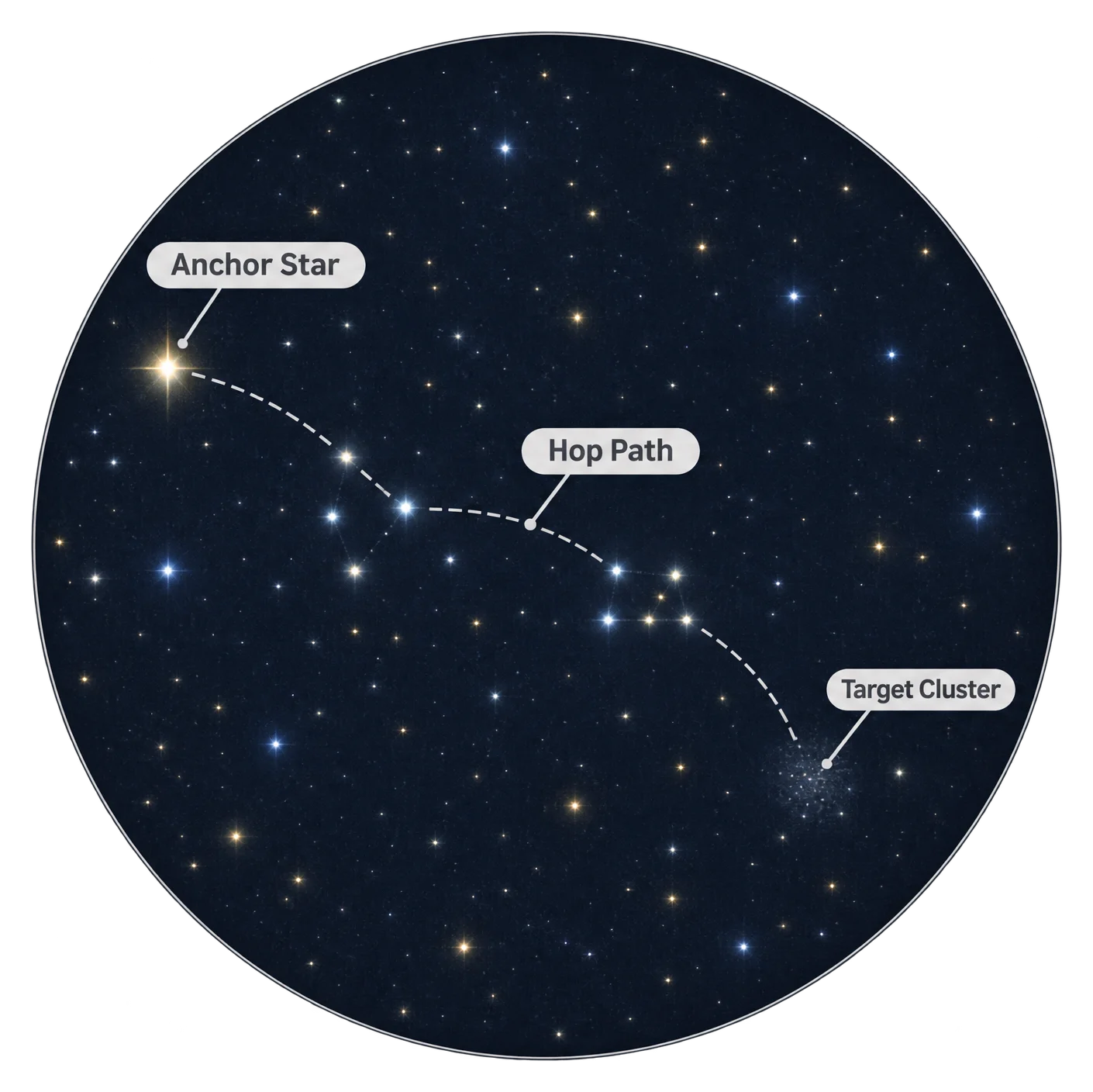 A binocular view of a star field at night with a bright star on one side, a dashed curved path through smaller star groupings, and a faint cluster of stars at the end of the path.