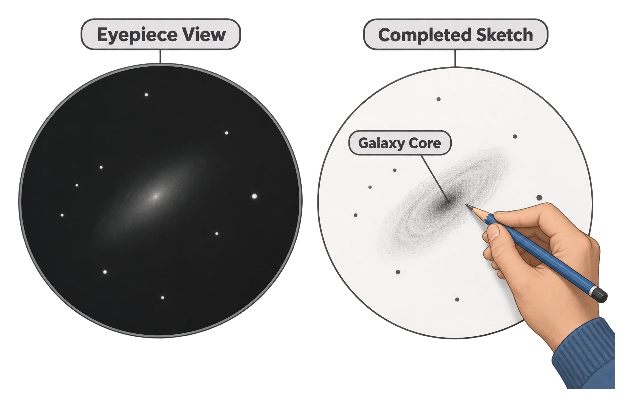 A two-panel illustration: on the left a circular eyepiece view with a faint galaxy smudge, on the right a completed pencil sketch of the same galaxy with graphite shading for its core and halo, drawn by a hand holding a pencil.