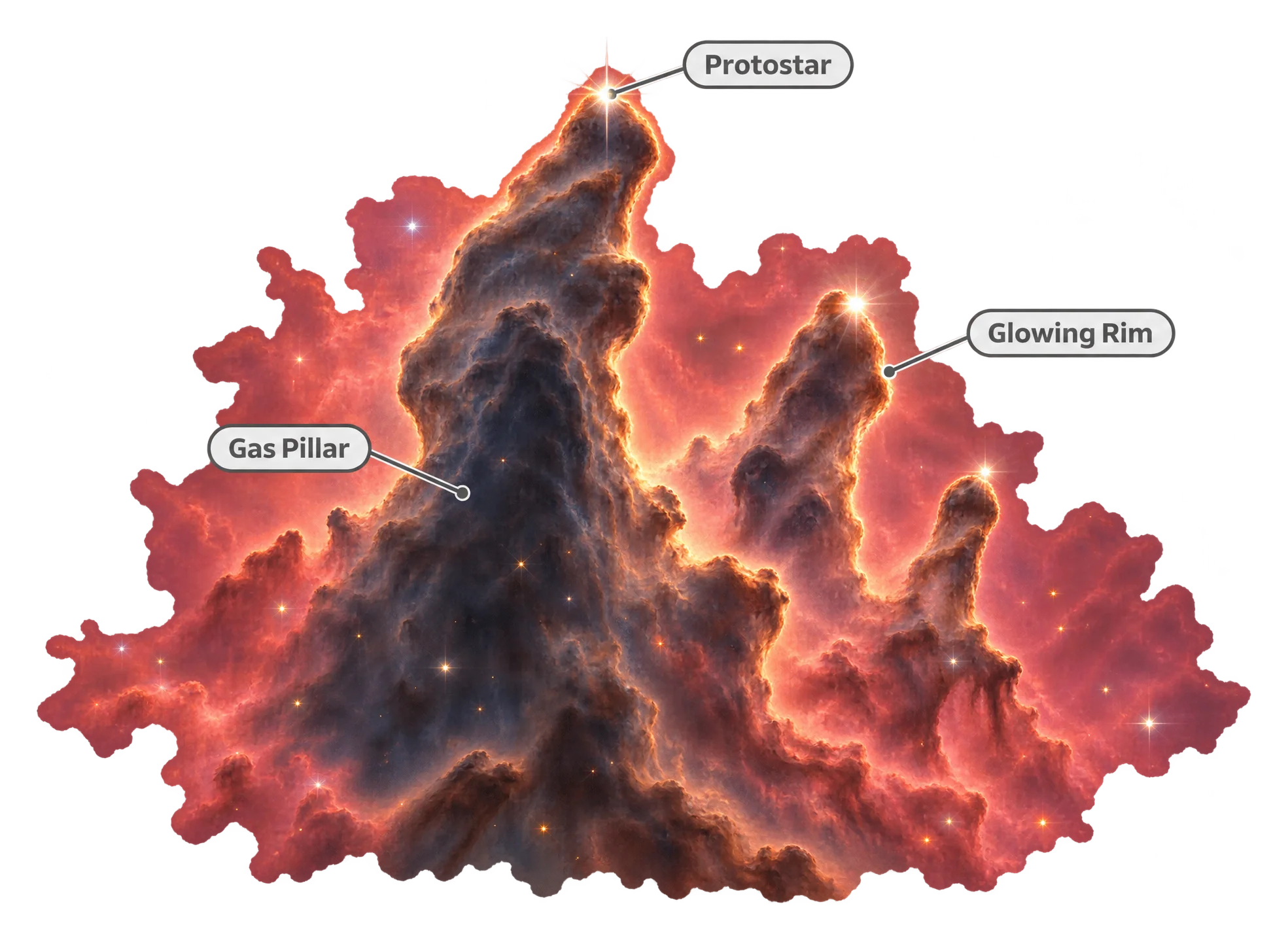 A dark pillar of gas and dust glows at its edges against a pink emission nebula, with bright protostars visible emerging from the pillar's tip.