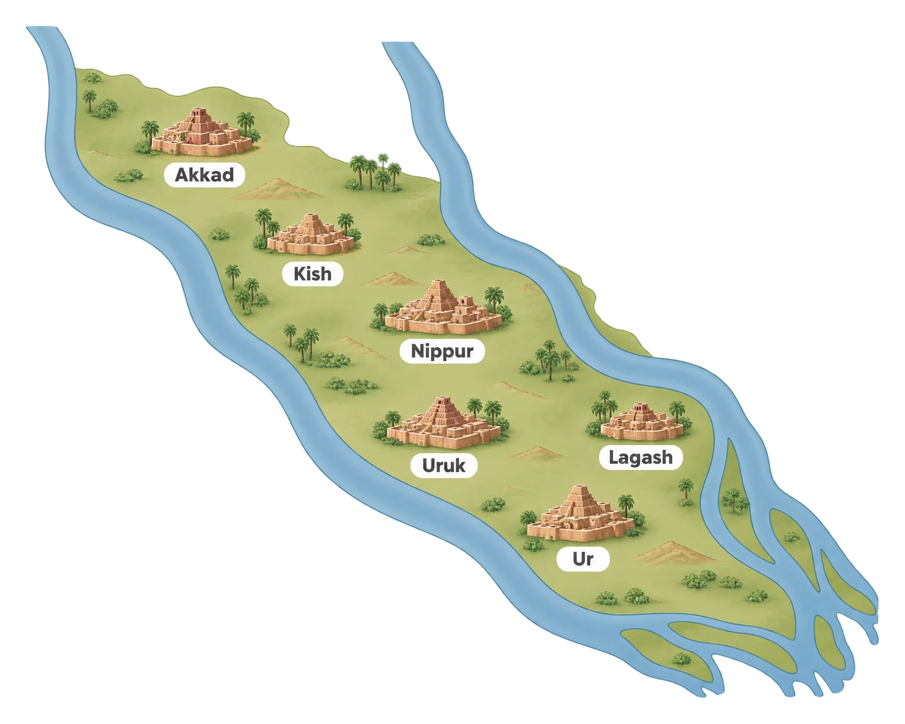 A simplified map of southern Mesopotamia showing the Tigris and Euphrates rivers as two broad bands with six city-state locations marked as dots: Uruk, Ur, Lagash, Nippur, Kish, and Akkad, clustered closely together on the plain between them.