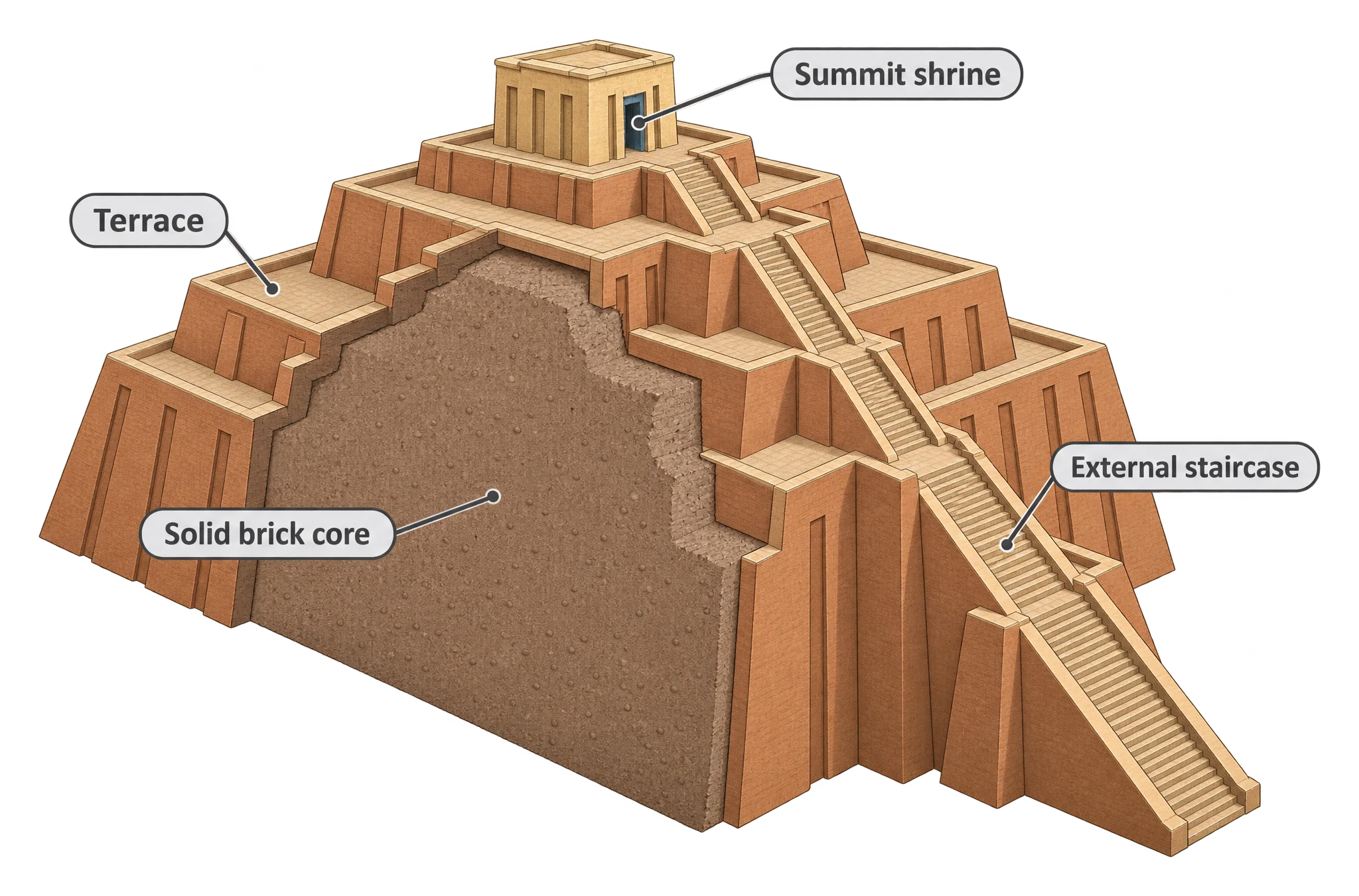 A cutaway drawing of a stepped ziggurat, showing a solid mud-brick interior with no rooms, terraces narrowing toward the top, external staircases on one side, and a small shrine at the summit.