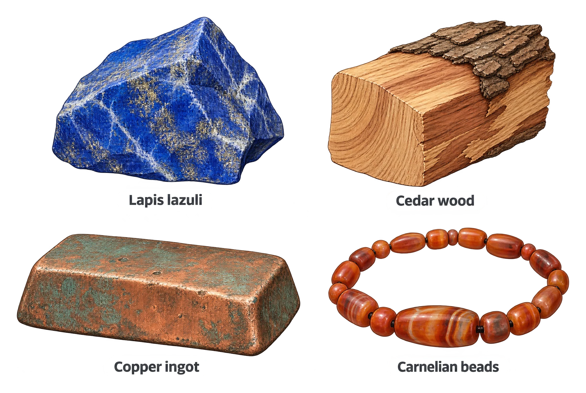 Four specimens arranged side by side: a blue lapis lazuli stone, a piece of cedar wood, a copper ingot, and a strand of orange-red carnelian beads.