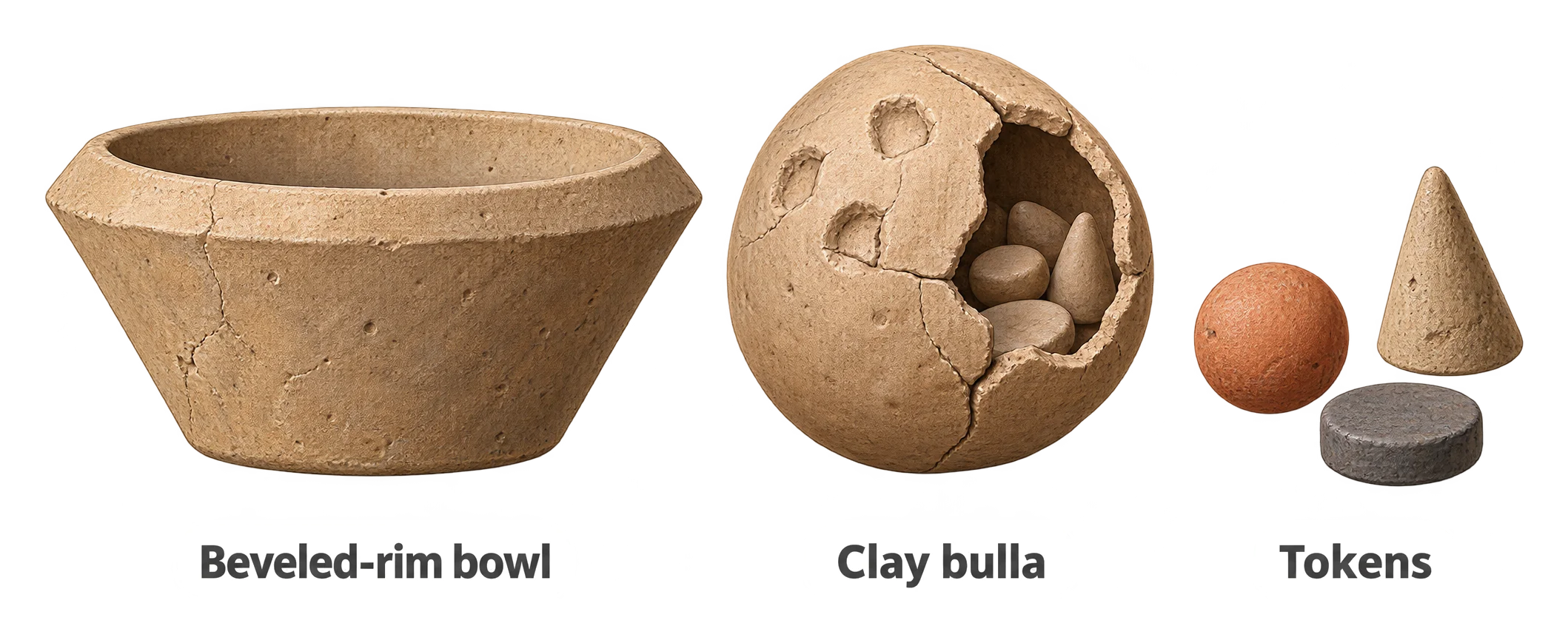 A field-guide style illustration showing three ancient clay objects: a plain beveled-rim bowl, a round sealed clay bulla, and several small geometric clay tokens including a sphere, cone, and disk.