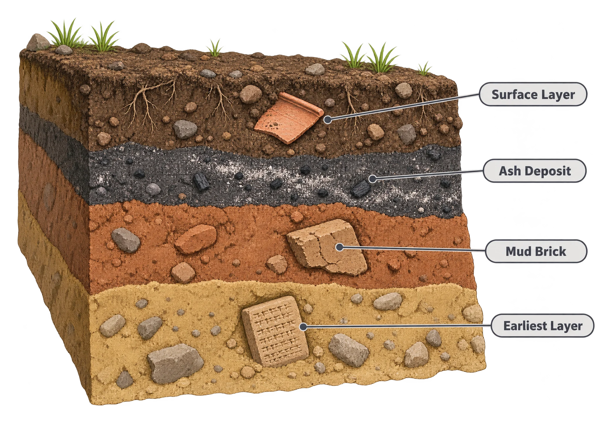 A labeled cross-section of an archaeological trench wall showing four colored soil layers stacked vertically, each containing a different embedded artifact, from a potsherd near the surface to a clay tablet at the deepest and oldest level.