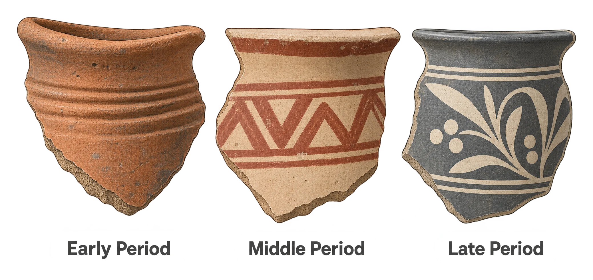 Three broken pottery fragments shown side by side, each labeled by period, with visibly different rim shapes, surface finishes, and decorative patterns illustrating how ceramic style changed over time.