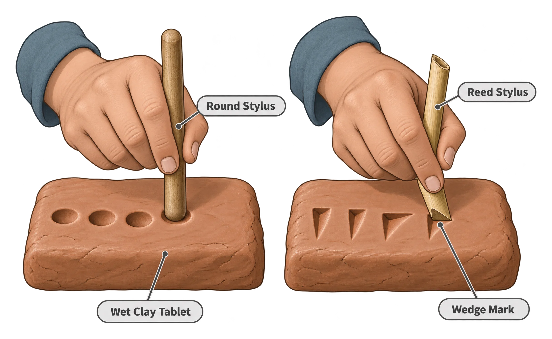 Two side-by-side illustrations of a hand working wet clay: one pressing a round stylus to make a circular mark, the other using an angled reed stylus to press a wedge shape.