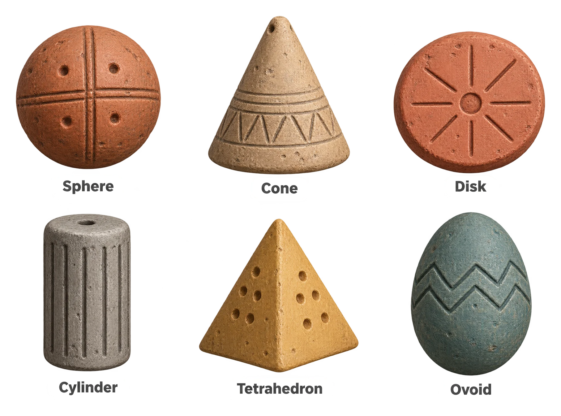 Six small clay objects of different geometric shapes, including a sphere, a cone, a disk, a cylinder, a tetrahedron, and an ovoid, laid out on a flat surface.