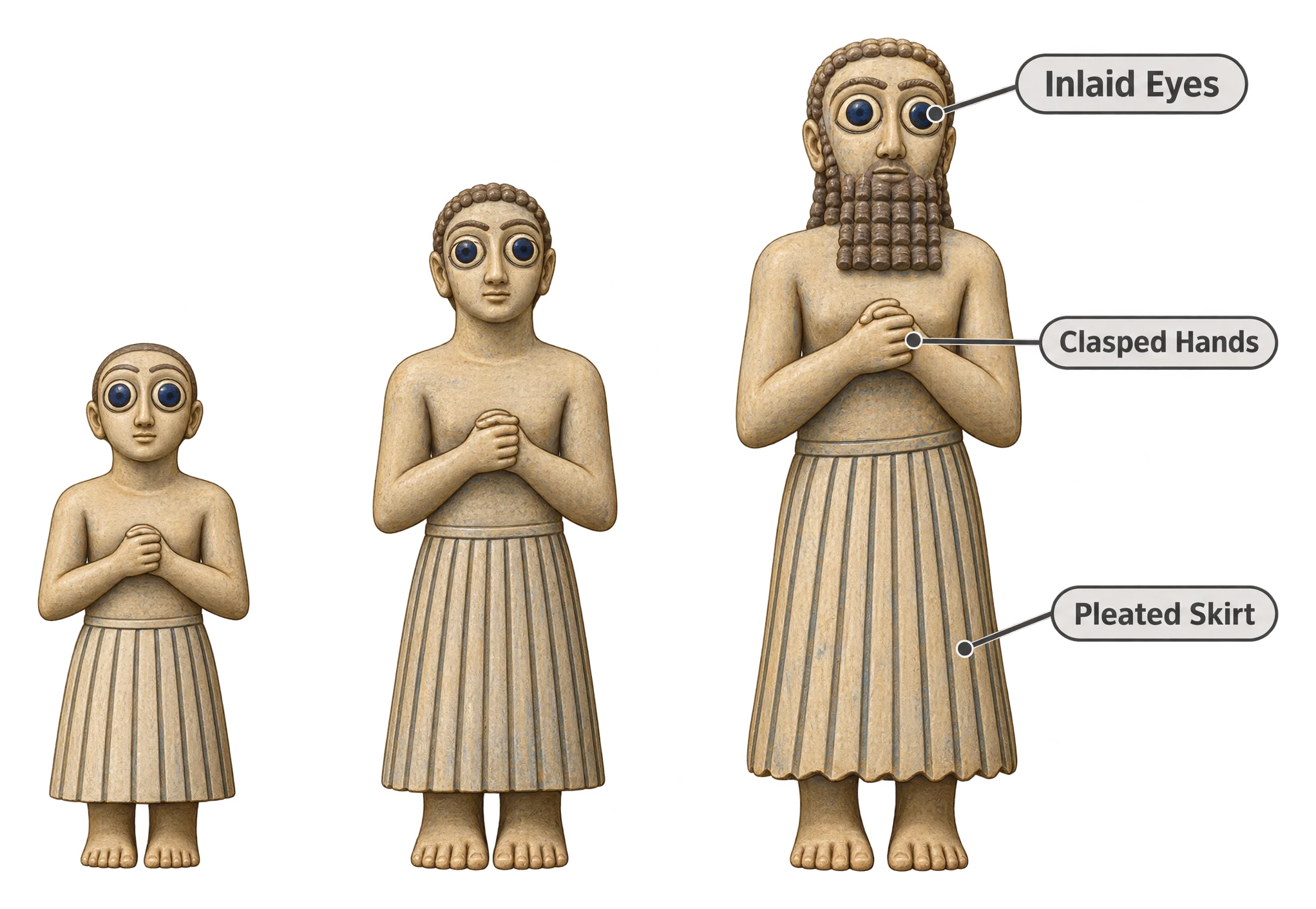 Three stone votive statues of different sizes, each standing with large inlaid eyes and hands clasped together at the chest.