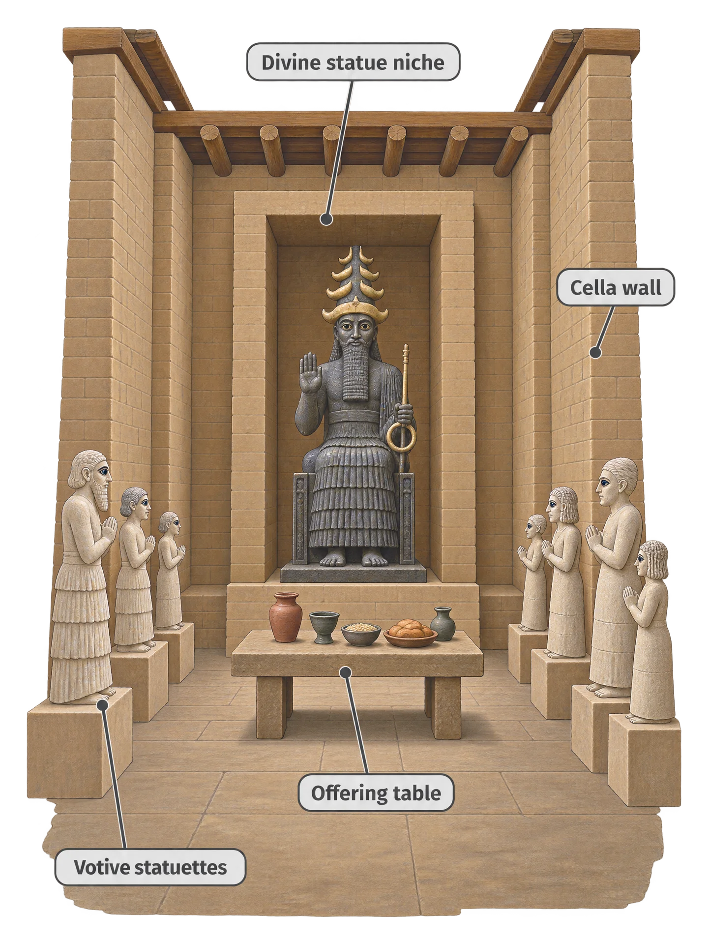 A drawing of the interior of a Mesopotamian temple cella, showing a statue niche at the back wall, an offering table in front of it, and rows of small votive statuettes along the side walls.