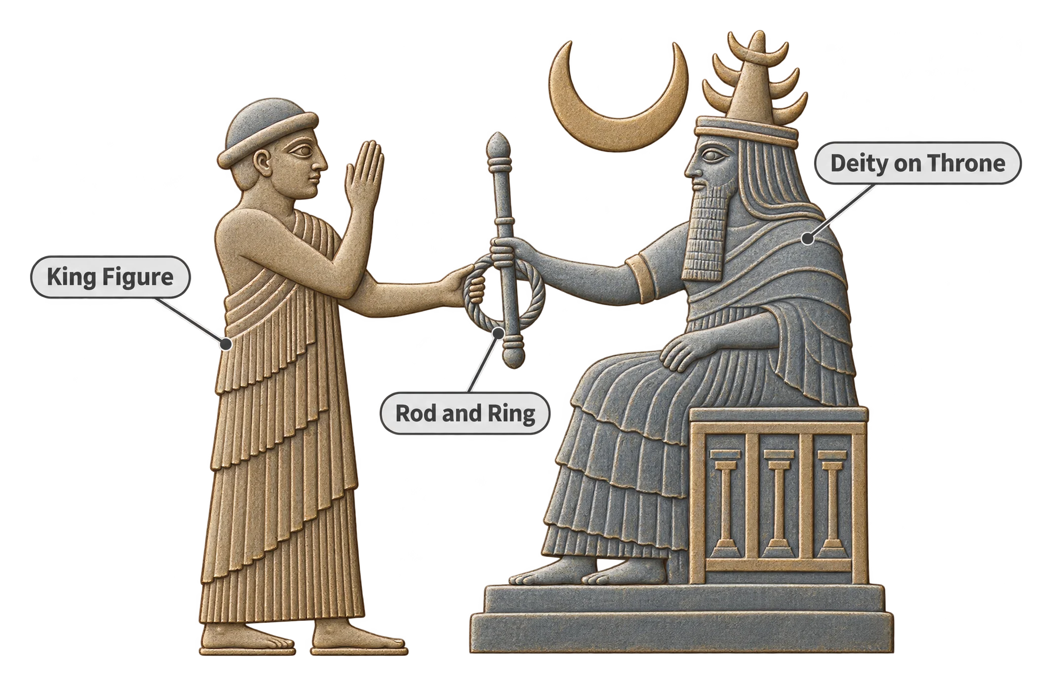 A relief carving showing a seated deity on a throne handing a rod and ring symbol to a standing king figure, the classic Mesopotamian image of divine investiture.