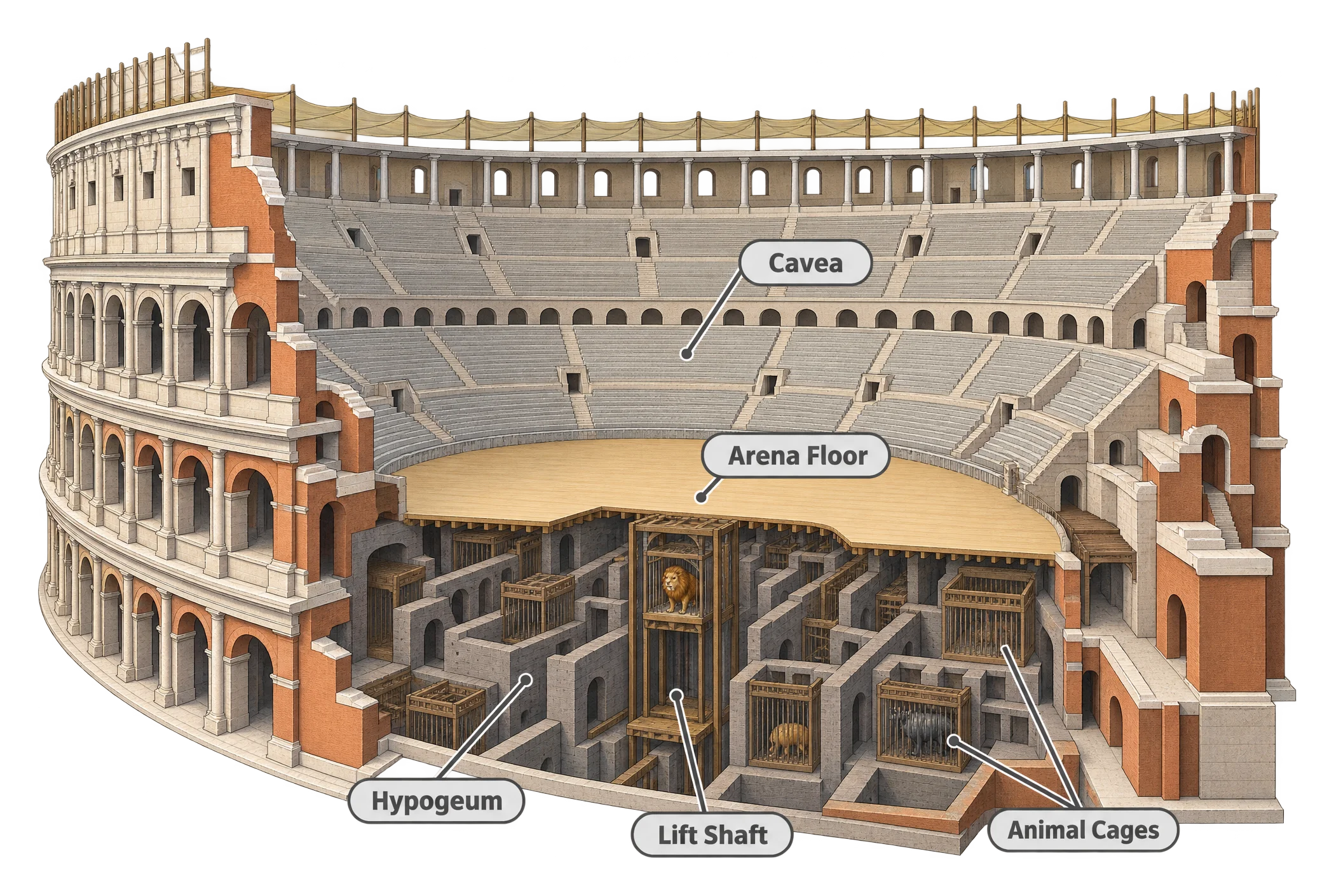 A cutaway illustration of the Colosseum showing the arched tiered seating above and a network of underground tunnels and animal cages below the arena floor, connected by vertical lift shafts.
