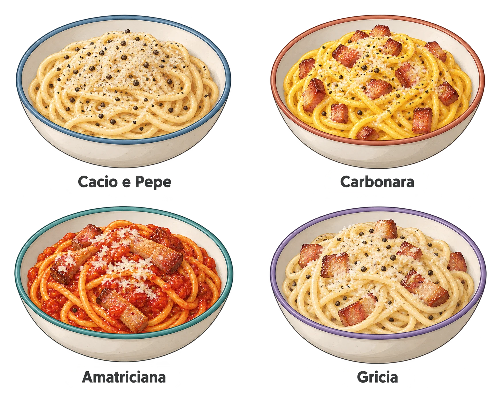 Four bowls of Roman pasta shown from above: a pale peppery cacio e pepe, an egg-glossed carbonara with guanciale, a red amatriciana with cured pork, and a pale gricia with guanciale and cheese but no tomato or egg.