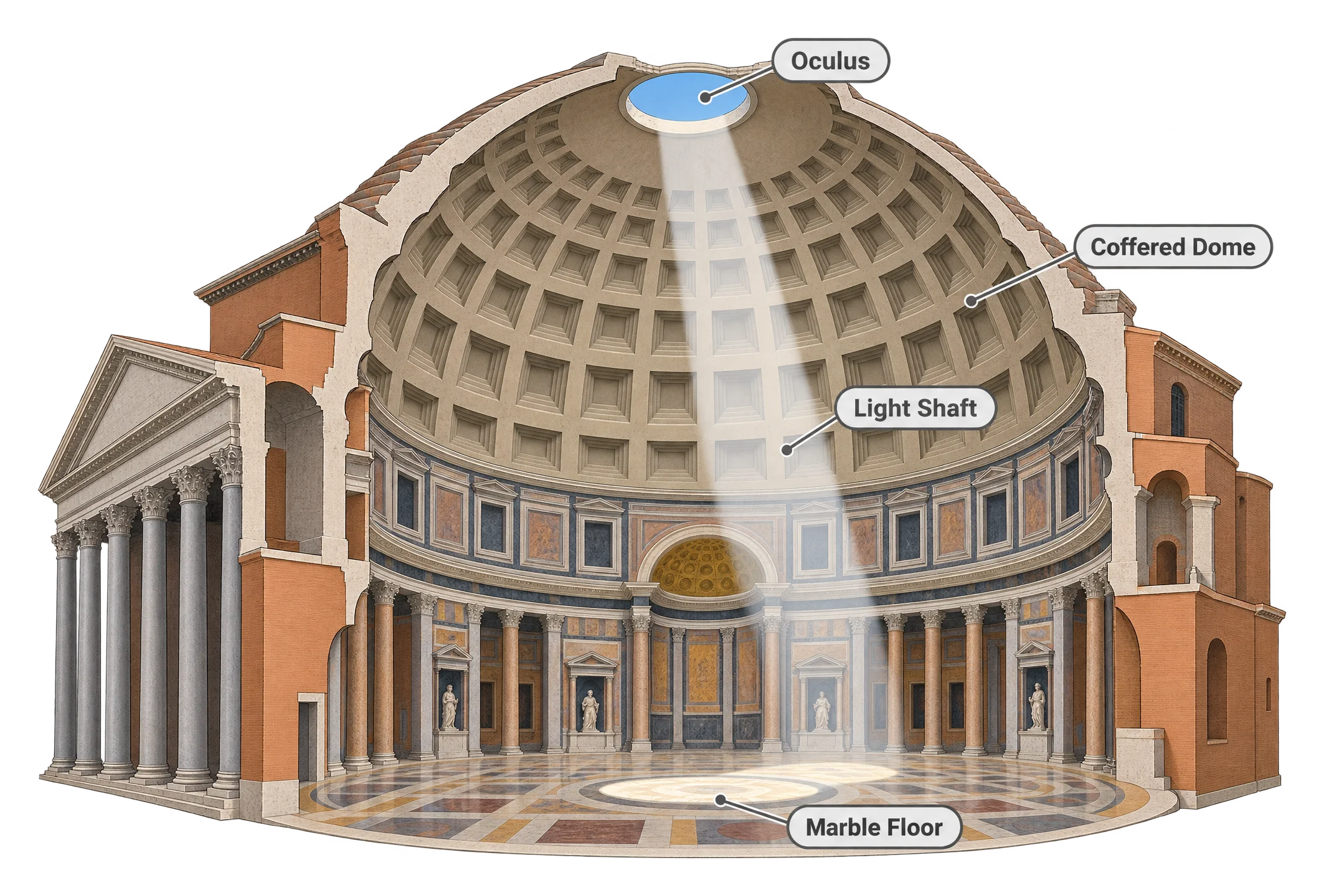 Cutaway side view of the Pantheon showing its coffered dome, the open oculus at the top letting in a shaft of sunlight, and the marble floor below where the light falls.