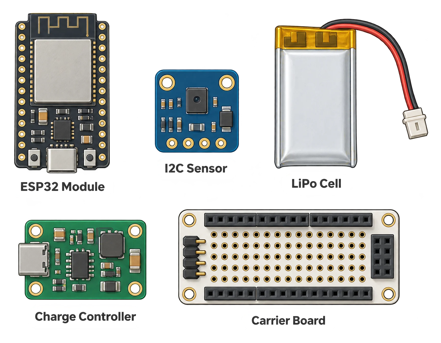 Five separate physical components laid out on a flat surface: an ESP32 development module, a small I2C sensor breakout board, a LiPo battery, a small charge management board, and a carrier board or breadboard connecting them.