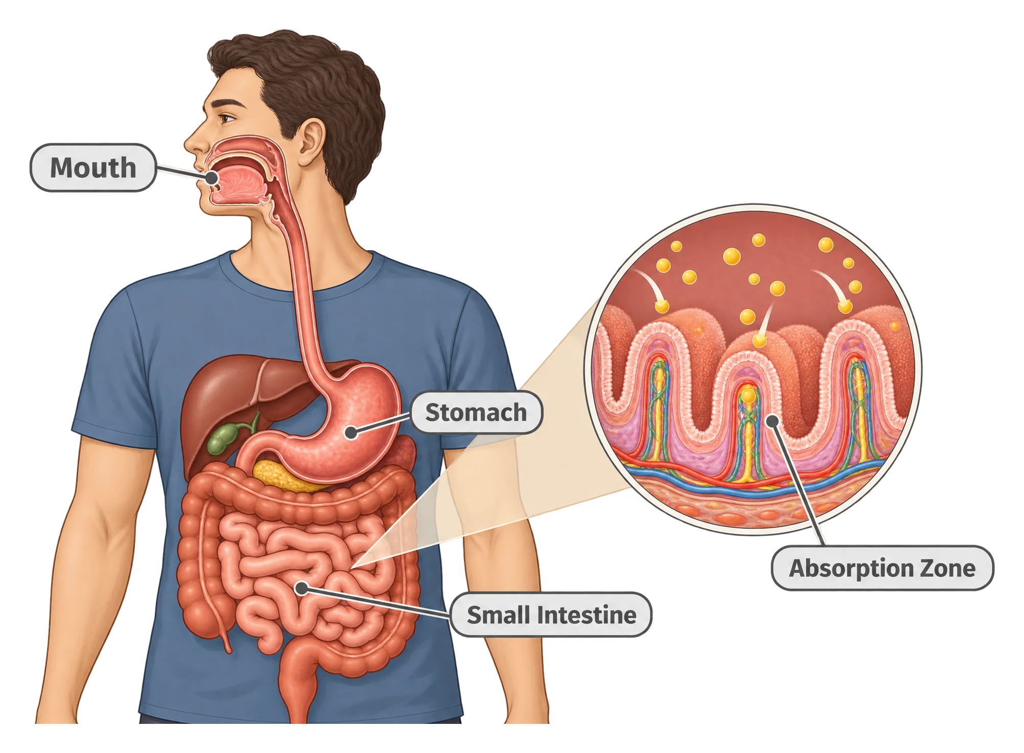 A labeled cross-section of the human digestive system showing the mouth, stomach, small intestine, and the gut wall absorption zone where nutrients enter the bloodstream.