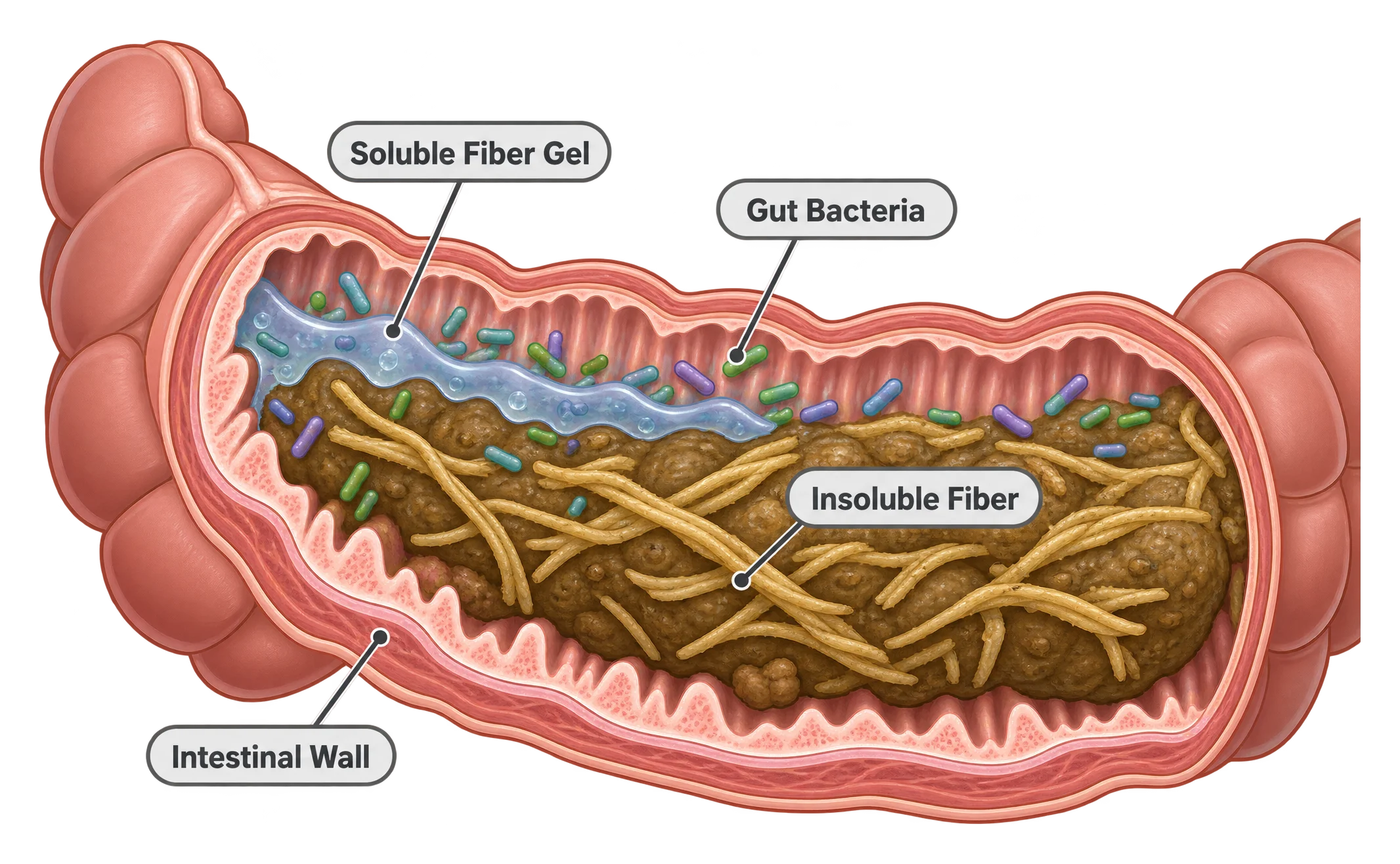 Cutaway diagram of the large intestine wall showing a gel layer of soluble fiber, strands of insoluble fiber bulking the passing waste, and rod-shaped gut bacteria clustered near the intestinal wall fermenting the fiber.