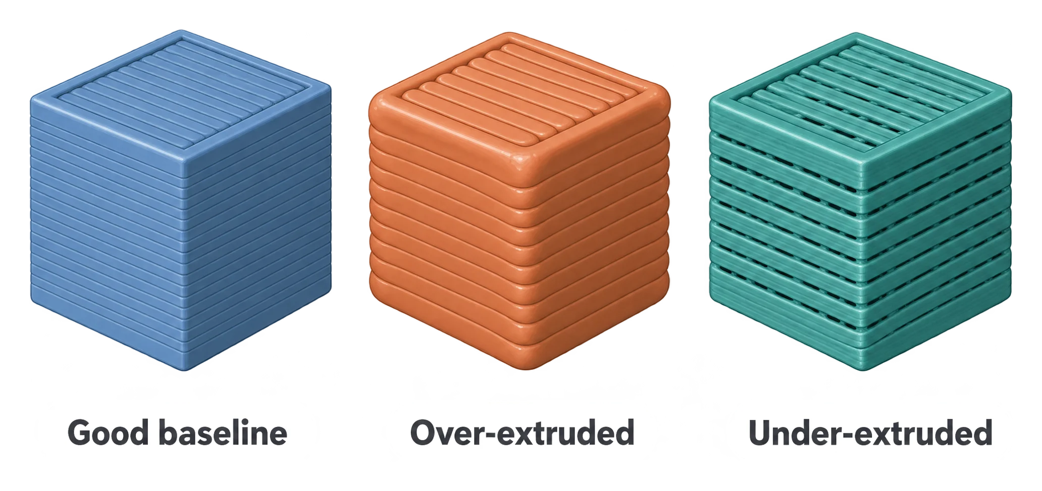 Three small 3D-printed test cubes side by side, showing a clean baseline print, an over-extruded print with bulging corners, and an under-extruded print with visible gaps between layer lines.