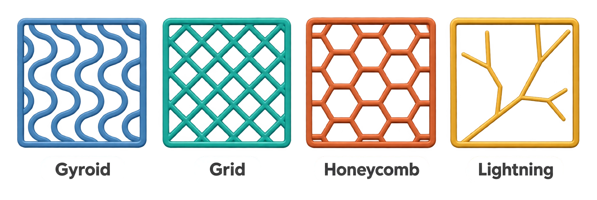 Four square cross-section samples side by side, each showing a different internal infill pattern: a continuously curving gyroid lattice, a straight-line grid, a hexagonal honeycomb, and a sparse branching lightning pattern.